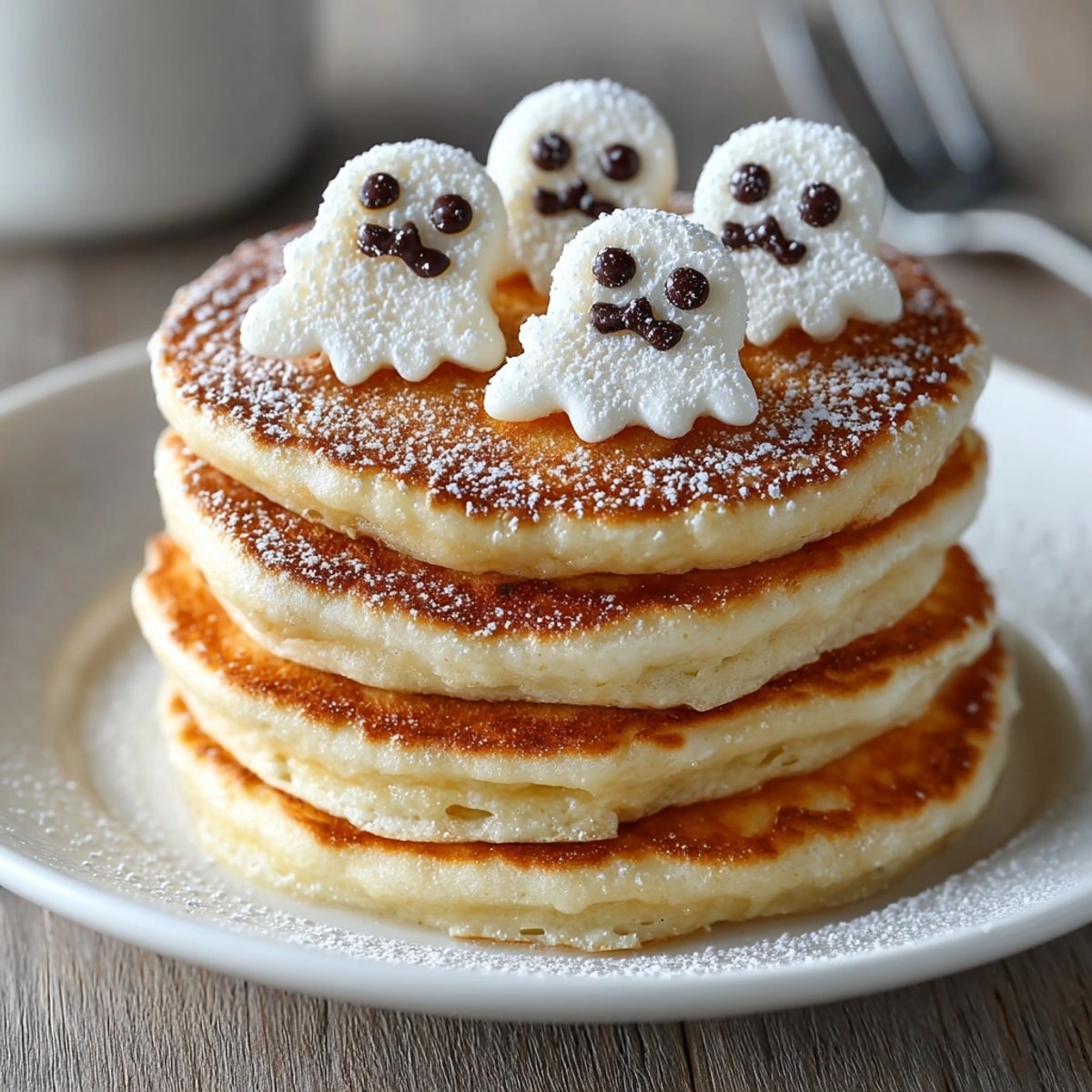 Stack of warm ghost pancakes, a spooky twist on a classic with maple syrup.