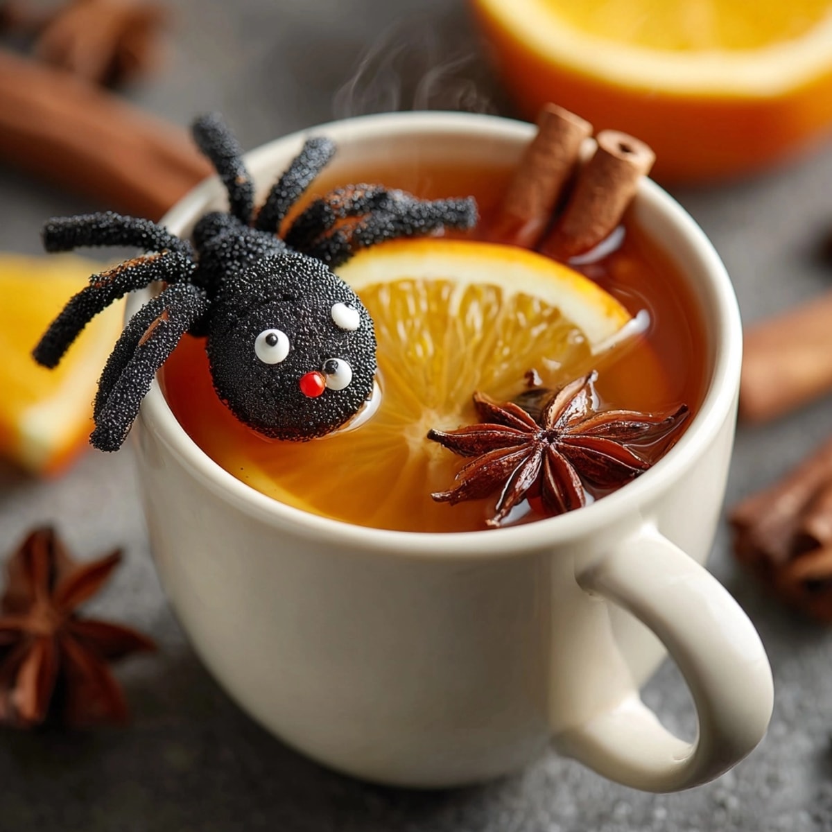 Delicious, dark-garnished Spider Cider simmers warmly, ready for Halloween celebrations and cozy nights.