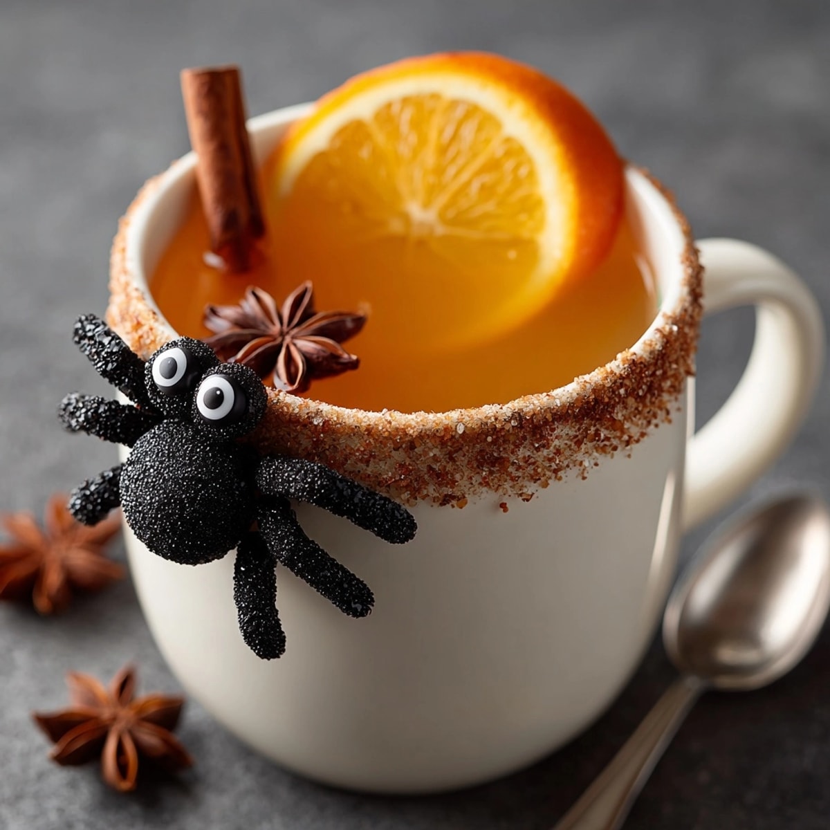 Steaming Spider Cider, garnished with licorice spiders and candy eyes, perfect for fall gatherings.