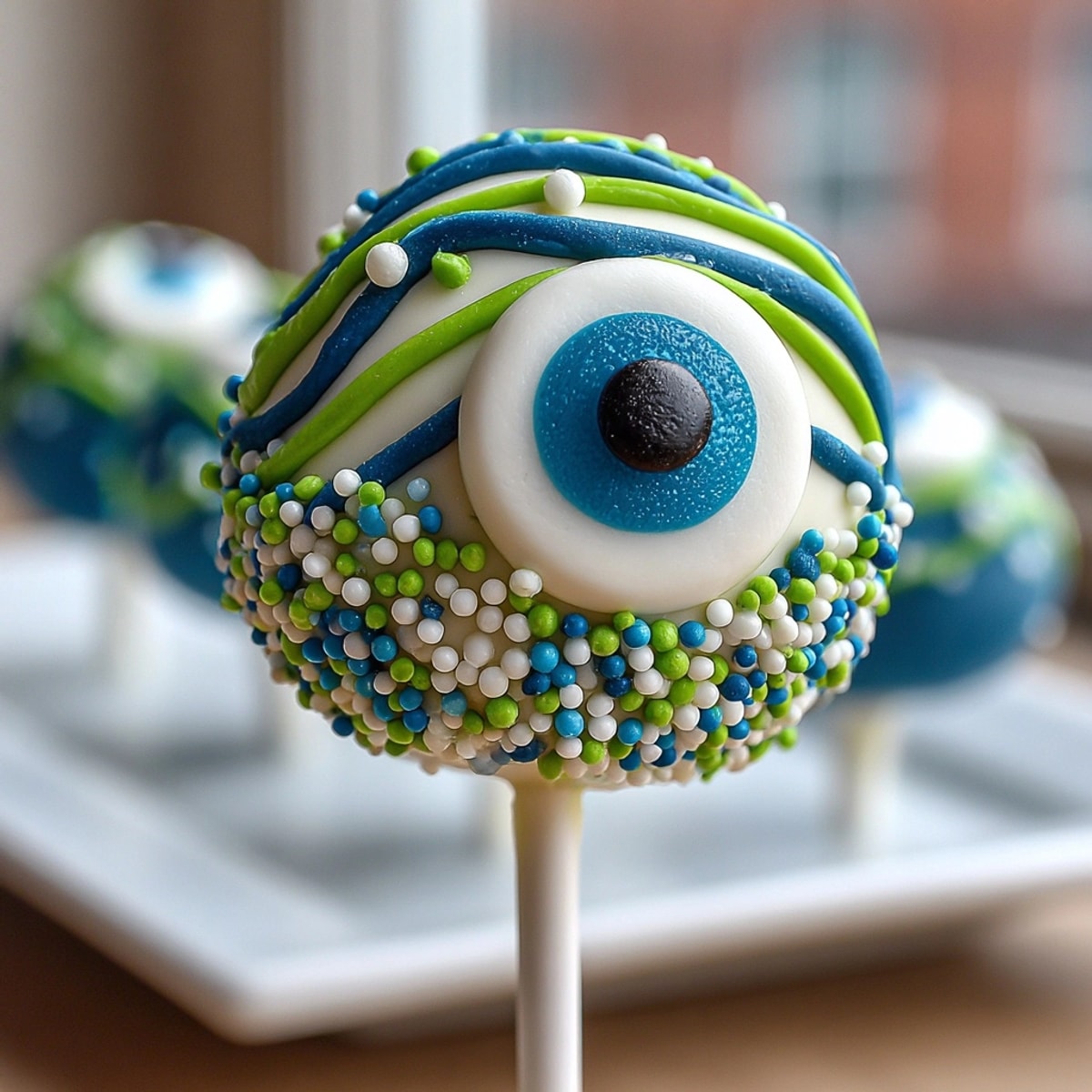 Close-up of a vibrant green and purple Monster Eye Cake Pop on a stick.