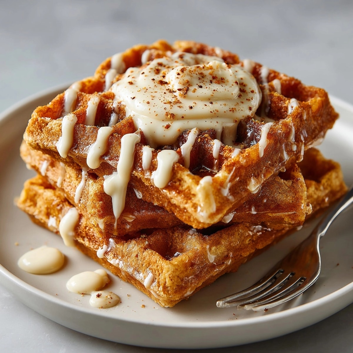 Golden Gingerbread Waffles, warmly spiced, topped with creamy, nutmeg-scented eggnog sauce.