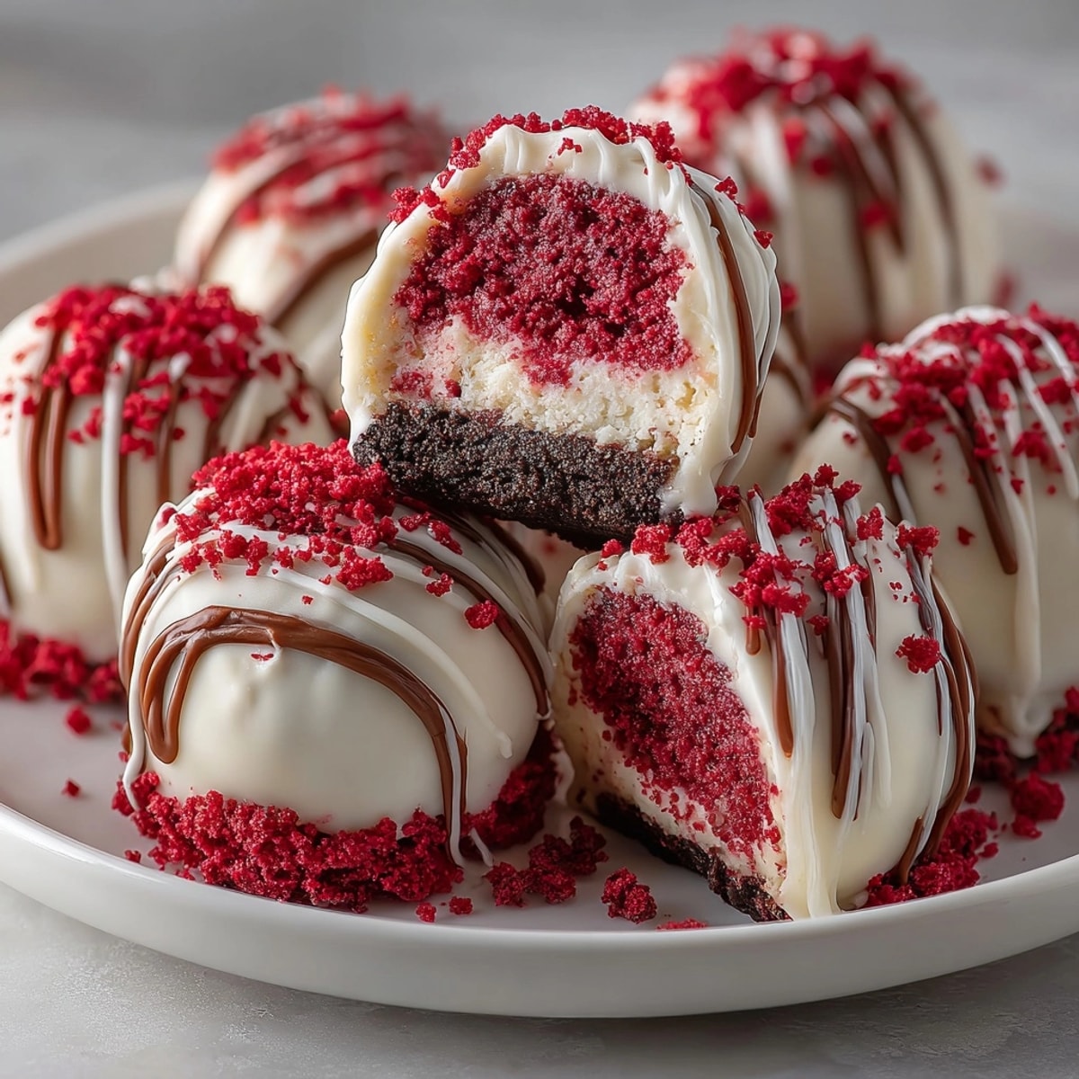 Close-up of frosted red velvet cheesecake bites, a decadent bite-sized dessert.
