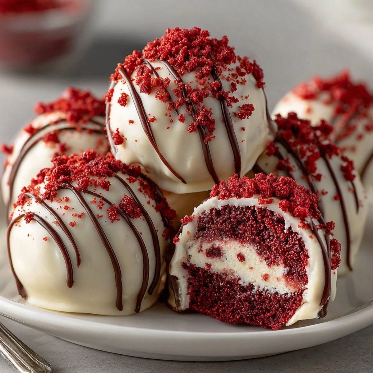 Creamy red velvet cheesecake bites sit on a plate, ready to be served.
