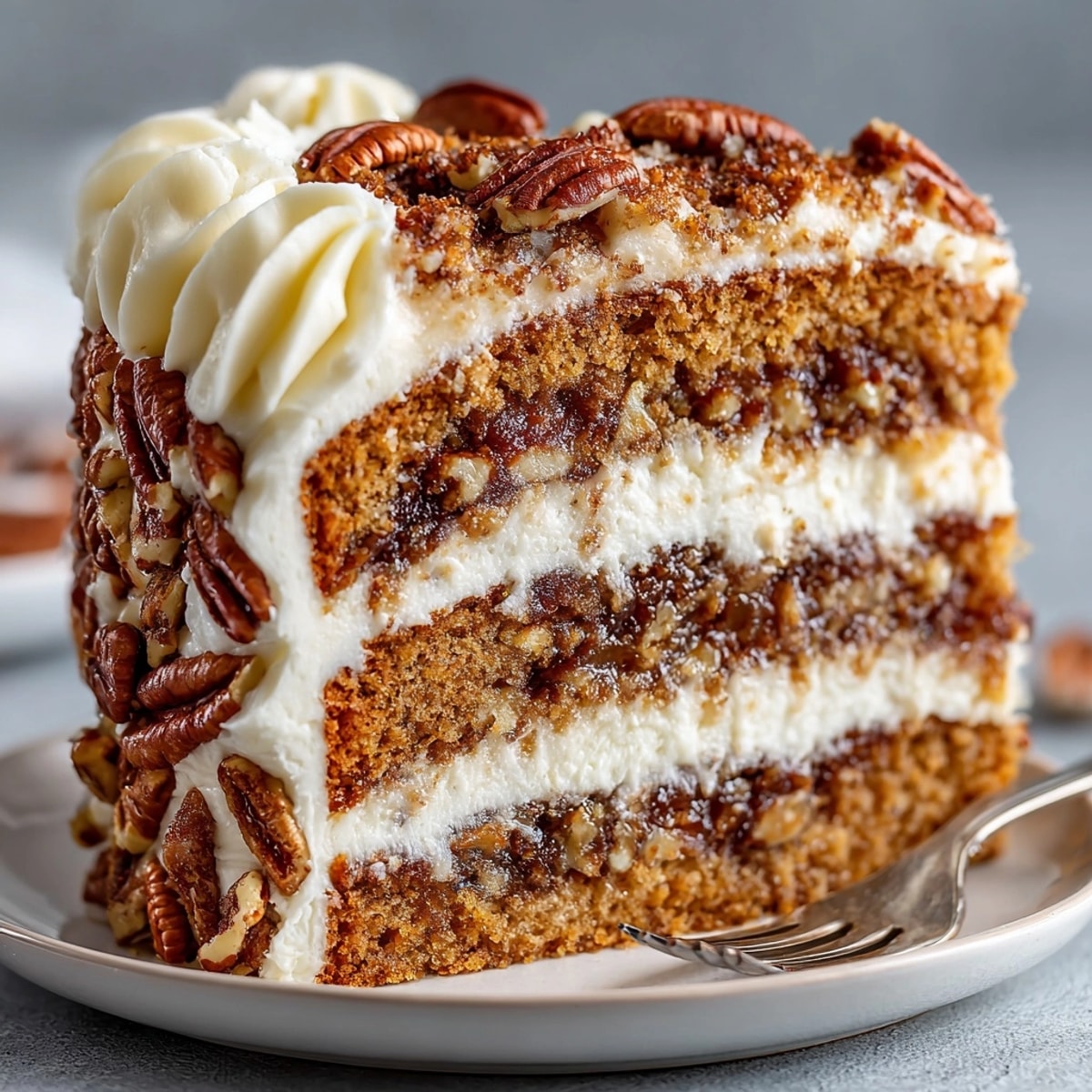 Stacked Pecan Pie Layer Cake with Buttercream frosting, ready to serve; a delicious holiday dessert.