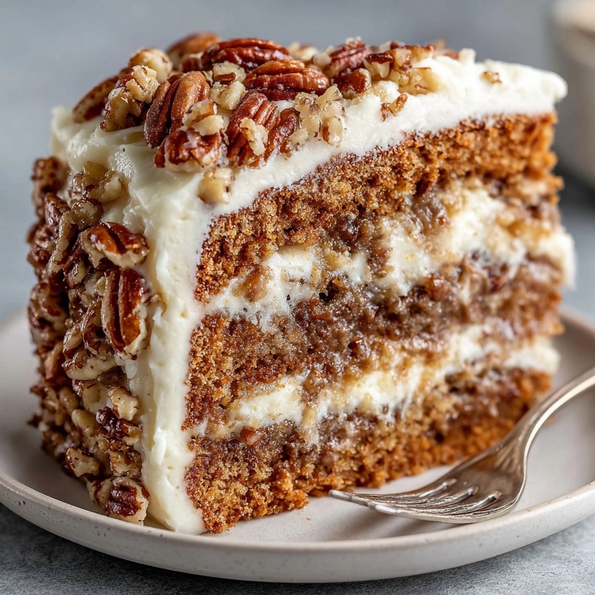 Three-layer homemade Pecan Pie Layer Cake: imagine moist cake, nutty filling, and sweet buttercream.