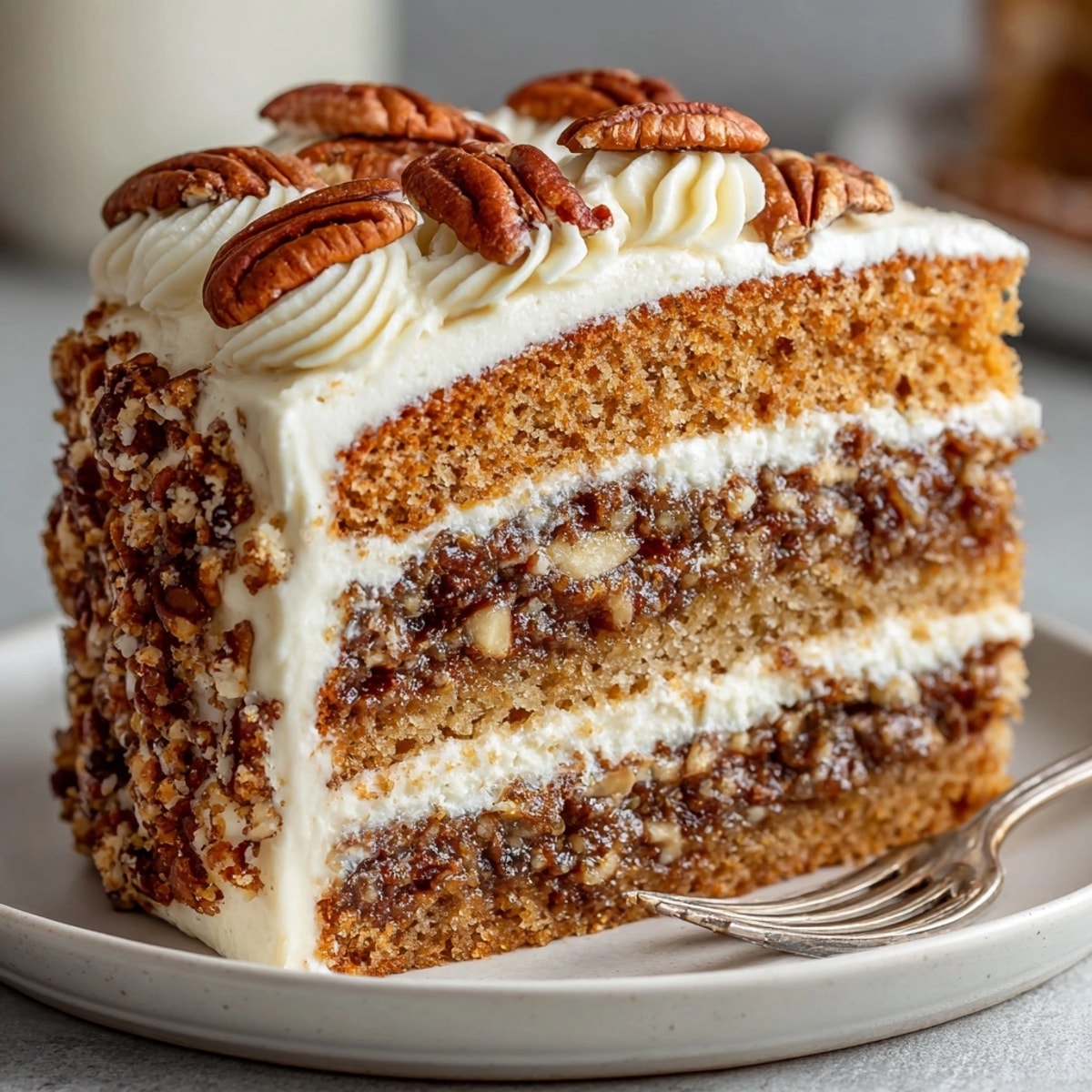 Warm slice of freshly made Pecan Pie Layer Cake: a pecan-studded dessert with rich flavor.