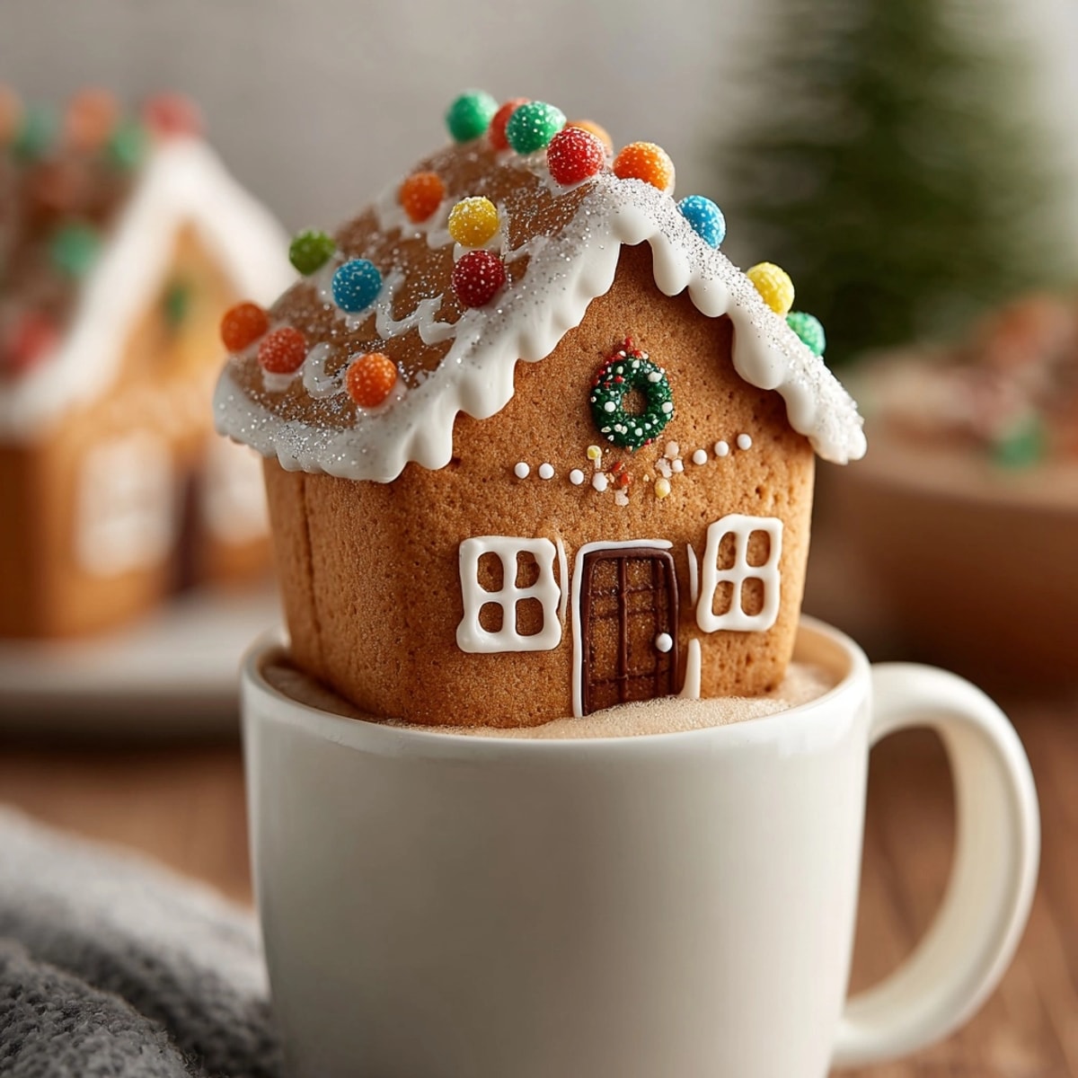 Close-up: Assembled gingerbread house mug toppers, decorated with colorful candies and sweet icing.