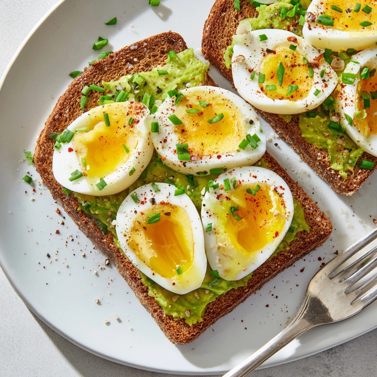 Golden Hard-Boiled Egg Avocado Toast sits on a rustic plate, speckled with fresh pepper.
