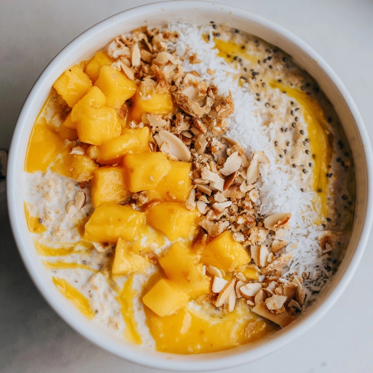 Creamy mango blended overnight oats, topped with fresh mango and coconut flakes, ready to eat.