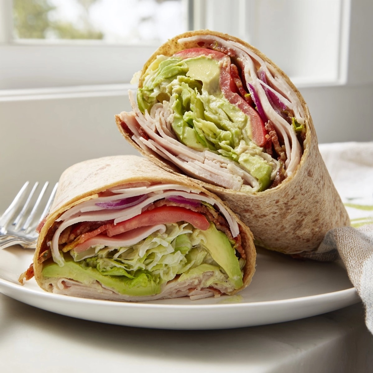 Vibrant Avocado and Turkey BLT Wraps, sliced open, reveal layers of colorful fillings.