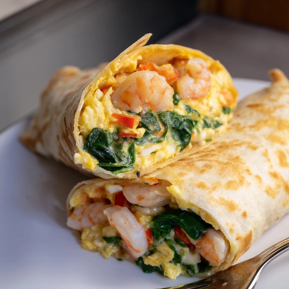 Golden Shrimp and Spinach Breakfast Burritos, stuffed with creamy eggs and melted cheddar.