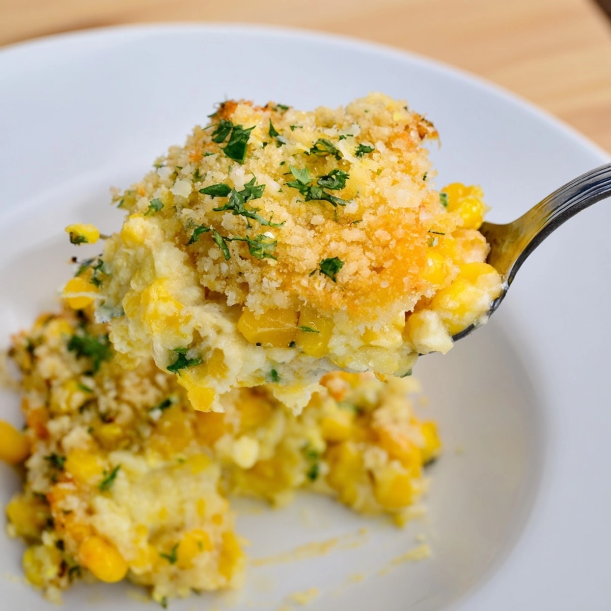 Golden Garlic Parmesan Sweet Corn Bake recipe fresh from the oven in a dish.