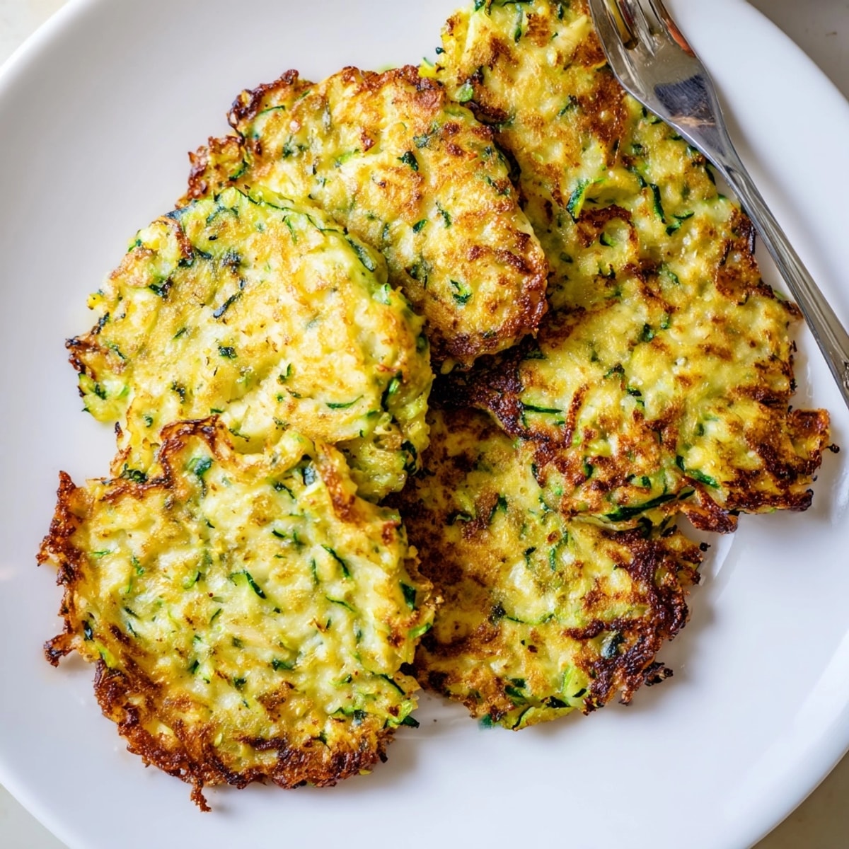 Golden Shrimp and Cheddar Zucchini Fritters, crispy fried with savory shrimp, plated and ready.