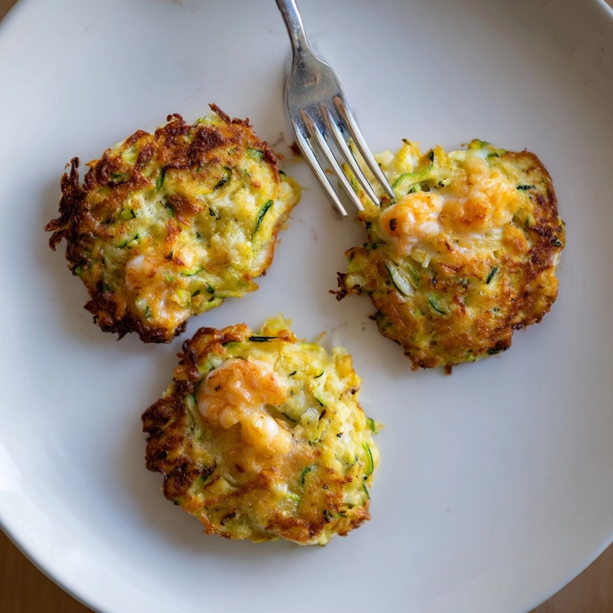 Close-up of lightly browned Shrimp and Cheddar Zucchini Fritters showing cheesy, textured filling.