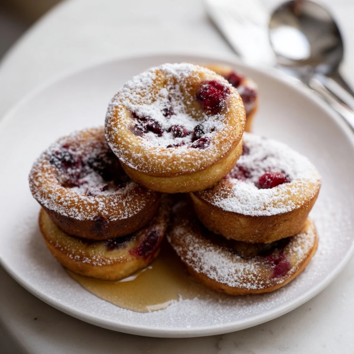 Warm and chewy cranberry mochi muffin blinis topped with powdered sugar drizzle.  