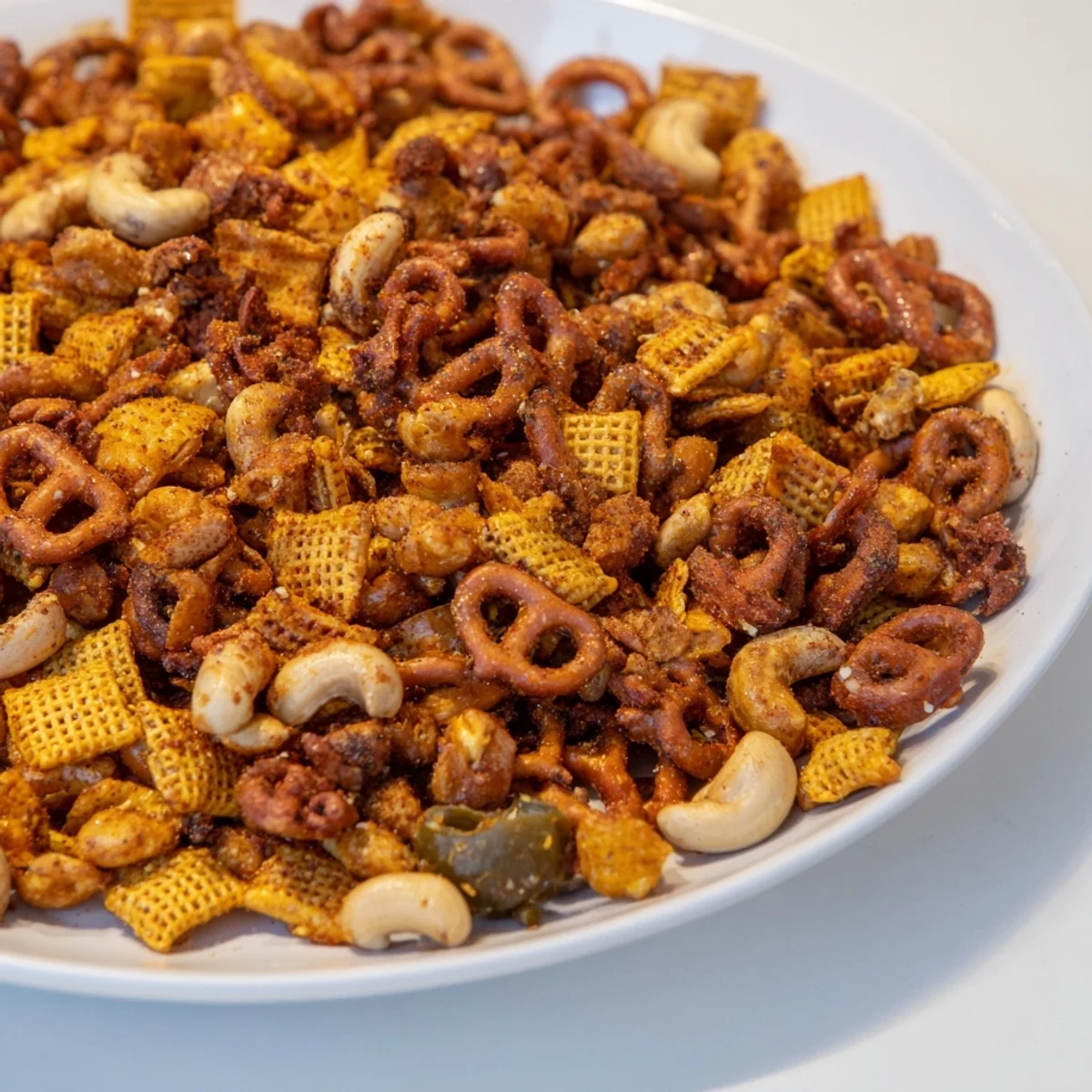 Flavorful Spicy Jalapeño Holiday Snack Mix, perfect for gifting and seasonal parties.  