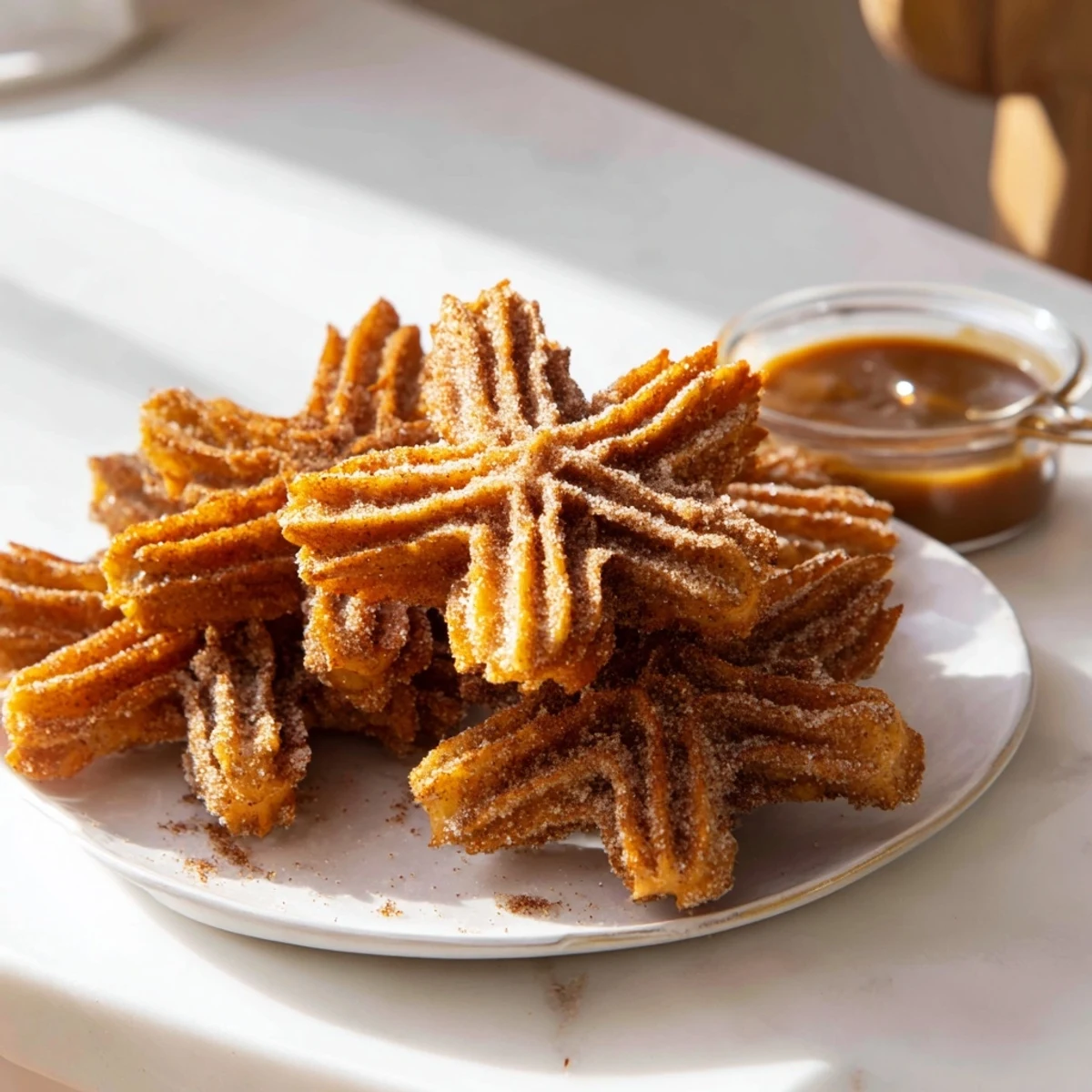 Warm churros dusted with spiced sugar and side of rich caramel sauce.