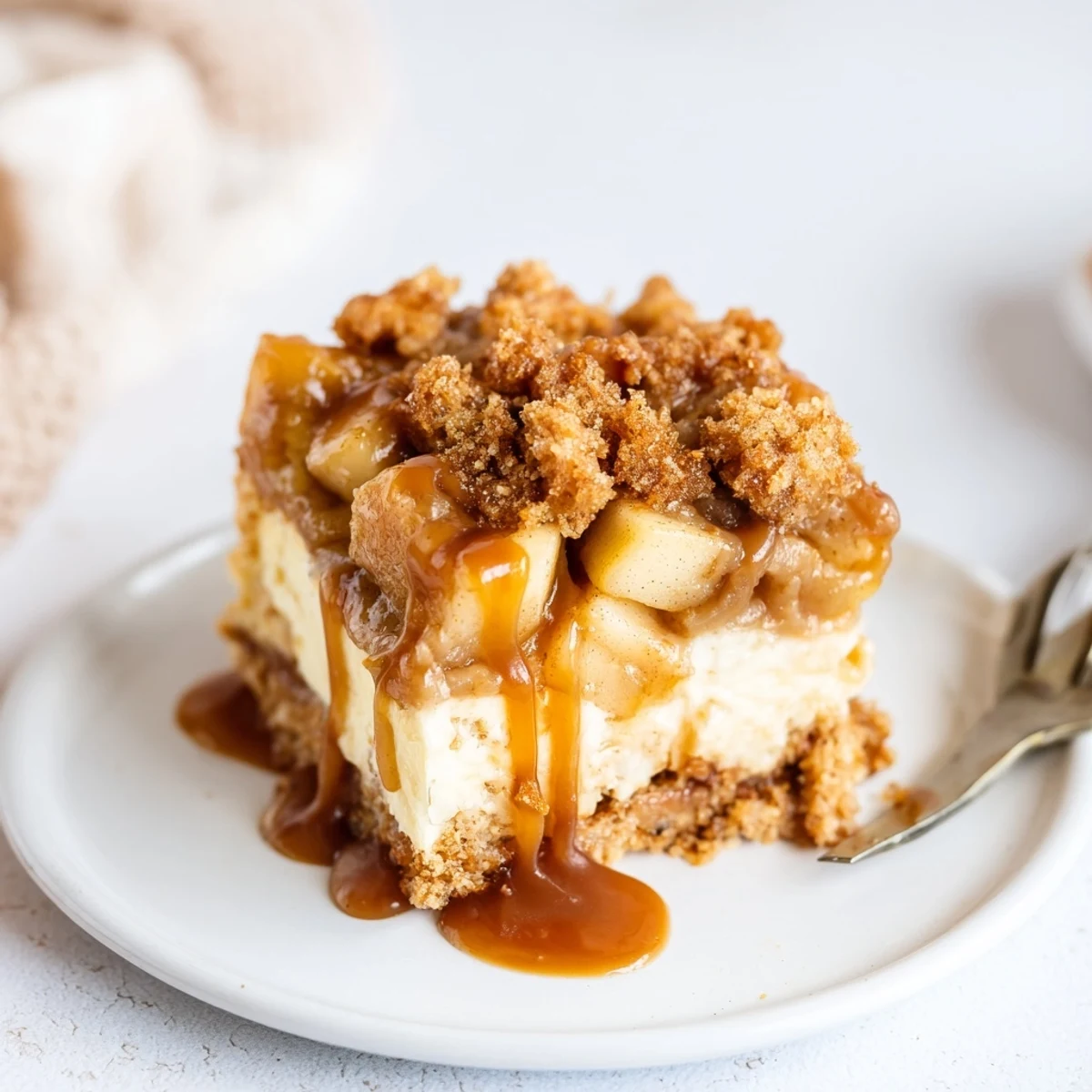 Lusciously layered Caramel Apple Cheesecake Muffin Bars with spiced apples, promising sweet indulgence.  