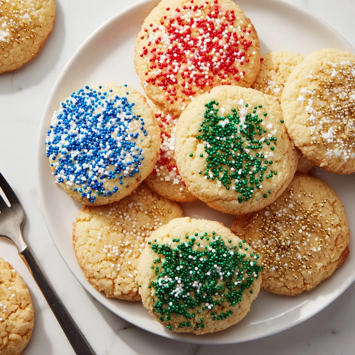 Cheerful Festive Hanukkah Sprinkle Christmas Cookies glistening with vibrant sprinkles on a platter.  