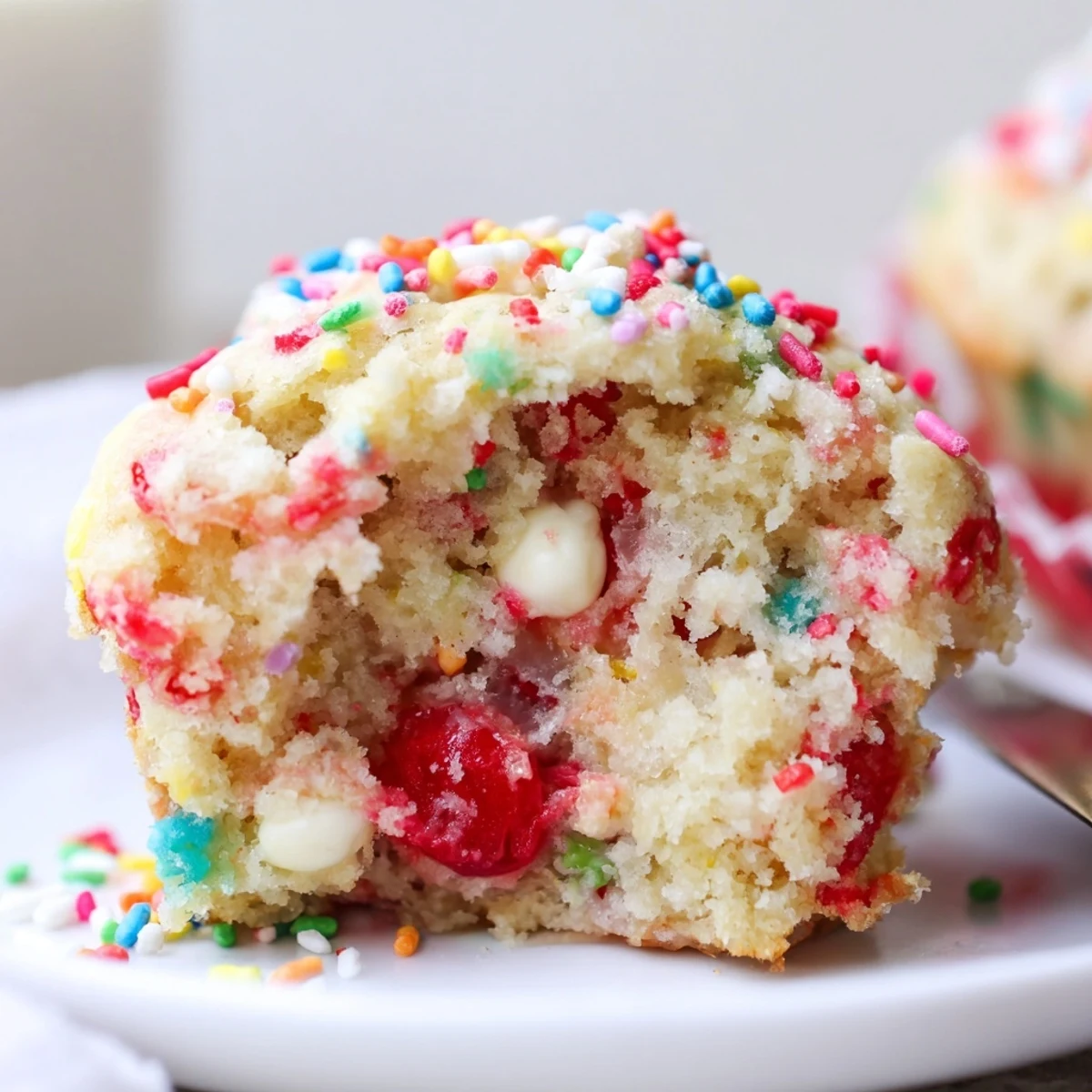 Colorful Funfetti Cherry Soda Cookie Muffins topped with rainbow sprinkles and cherry chunks.  