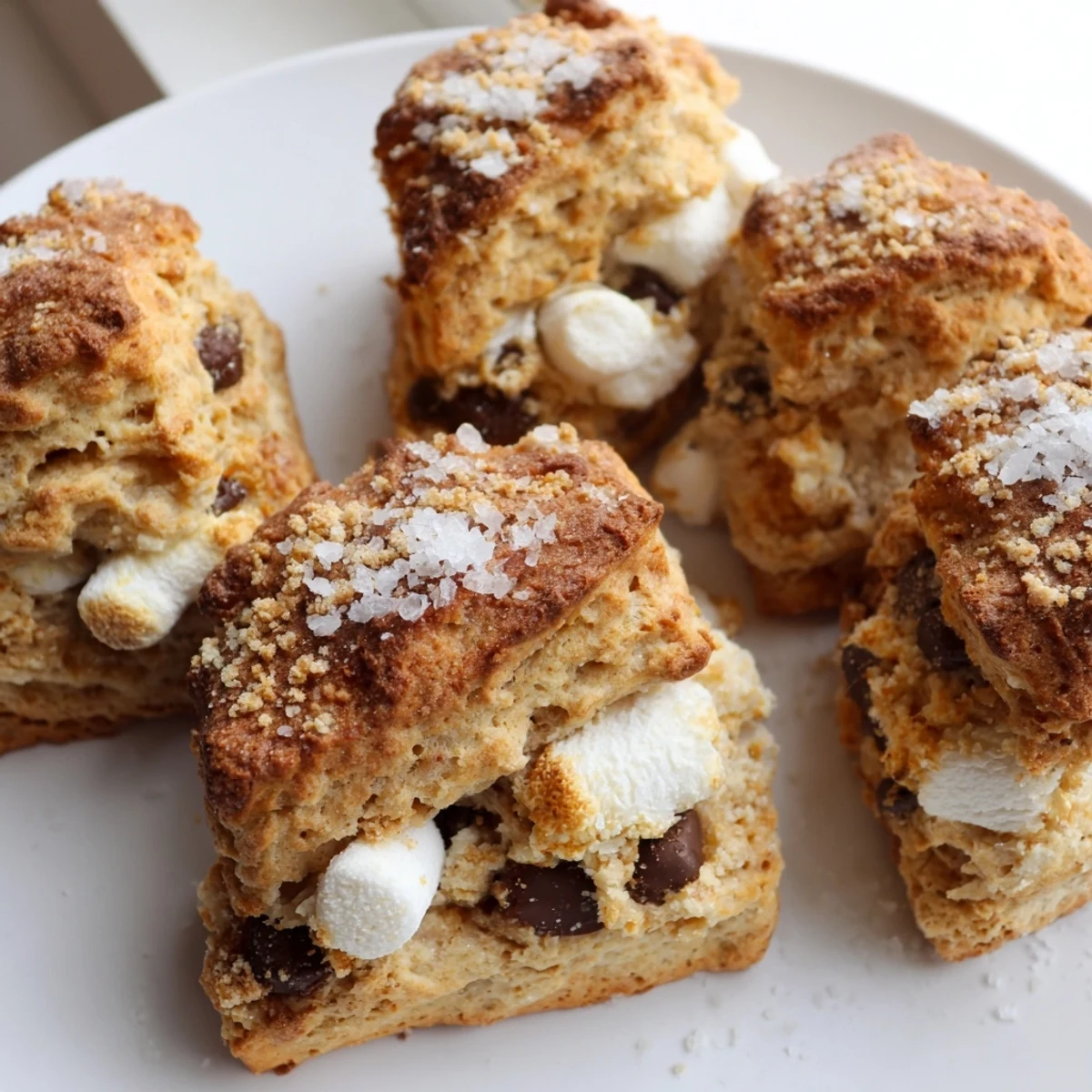 Tender s'mores flaky biscuit scones with chocolate and gooey marshmallows on a plate.  