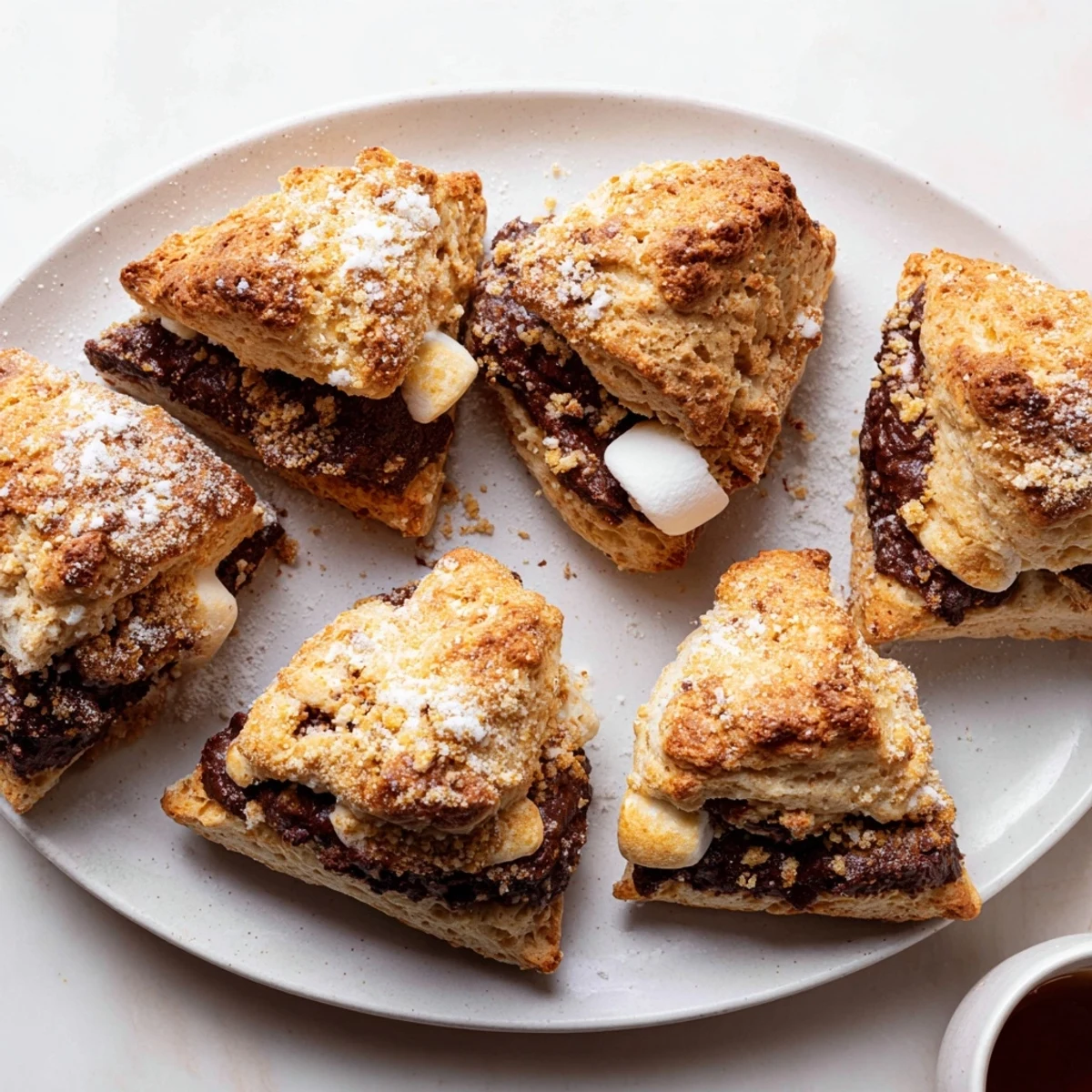 Delicious s'mores flaky biscuit scones just pulled from the oven, warm and inviting, ready to enjoy.