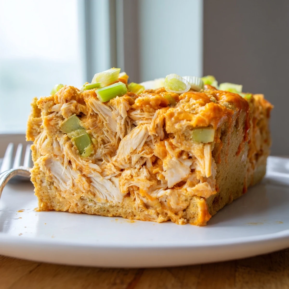 Hearty Buffalo Chicken Spiced Muffin Loaf cooling on a rack, ready to slice.