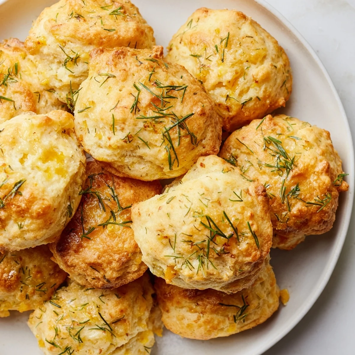 Fluffy Wacky Pickle Soda Drop Biscuits topped with fresh dill, ready to serve warm.  