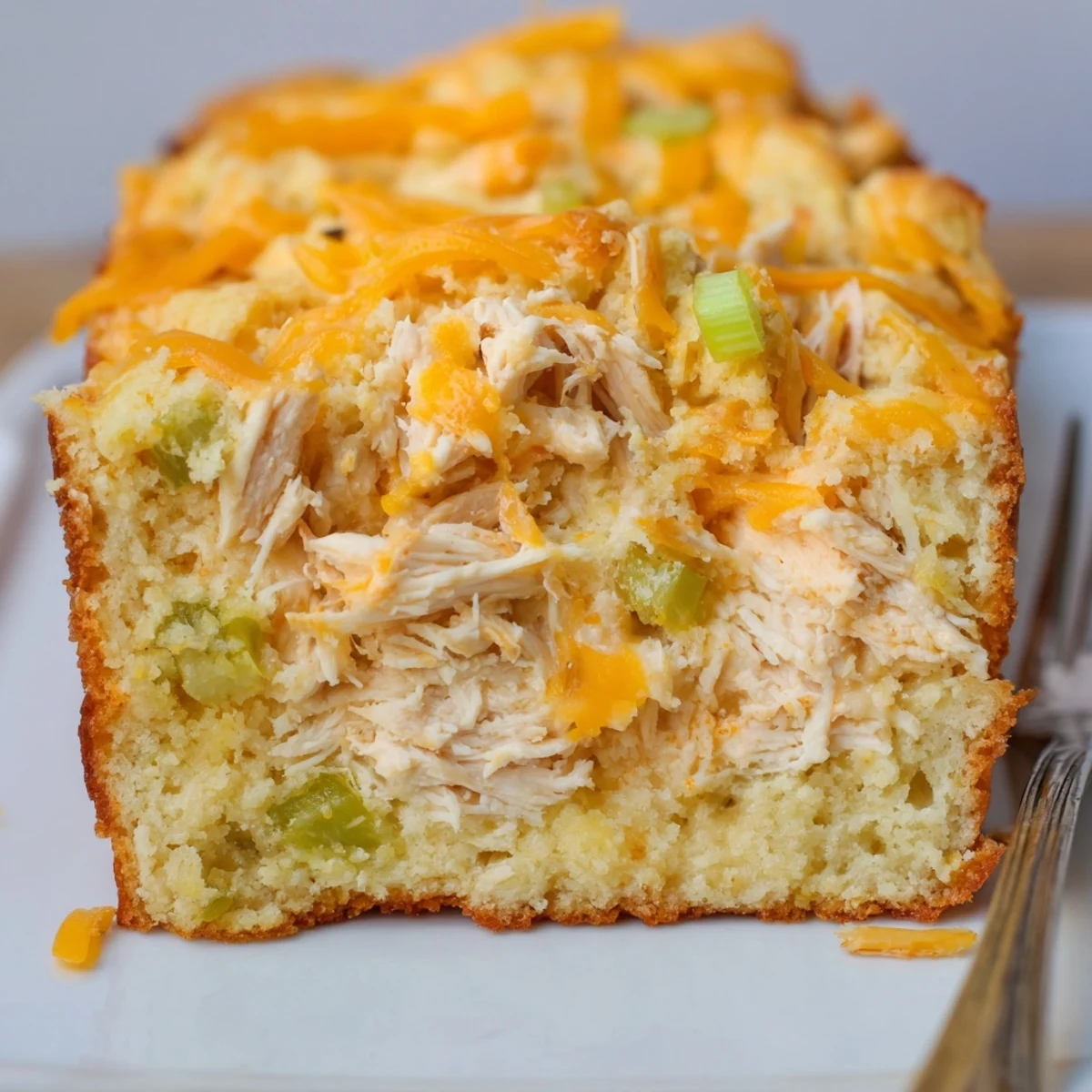 Colorful Buffalo Chicken Spiced Muffin Loaf on a plate, perfect for game day celebrations.