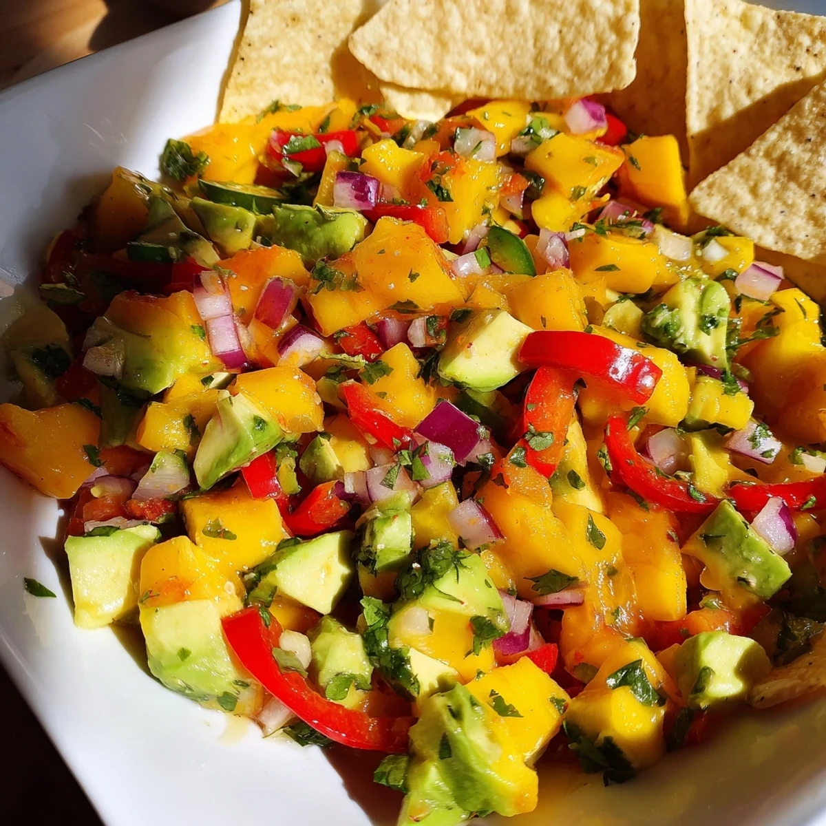 Vibrant mango avocado salsa served with crispy tortilla chips for snacking delights.  