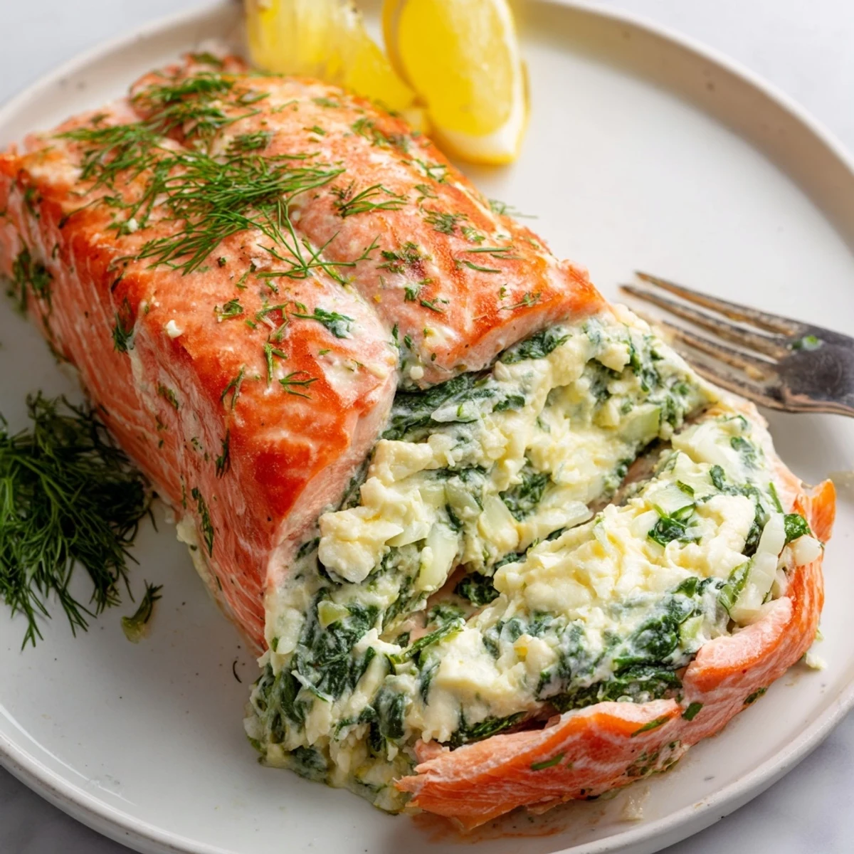 Oven-baked Easy Spinach Stuffed Salmon topped with lemon and fresh parsley garnish.  