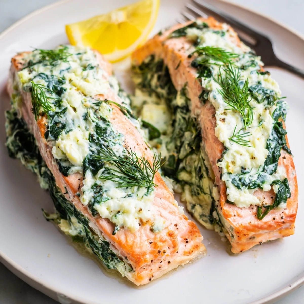 Flaky Easy Spinach Stuffed Salmon with rich cheese filling, perfect for dinner gatherings.