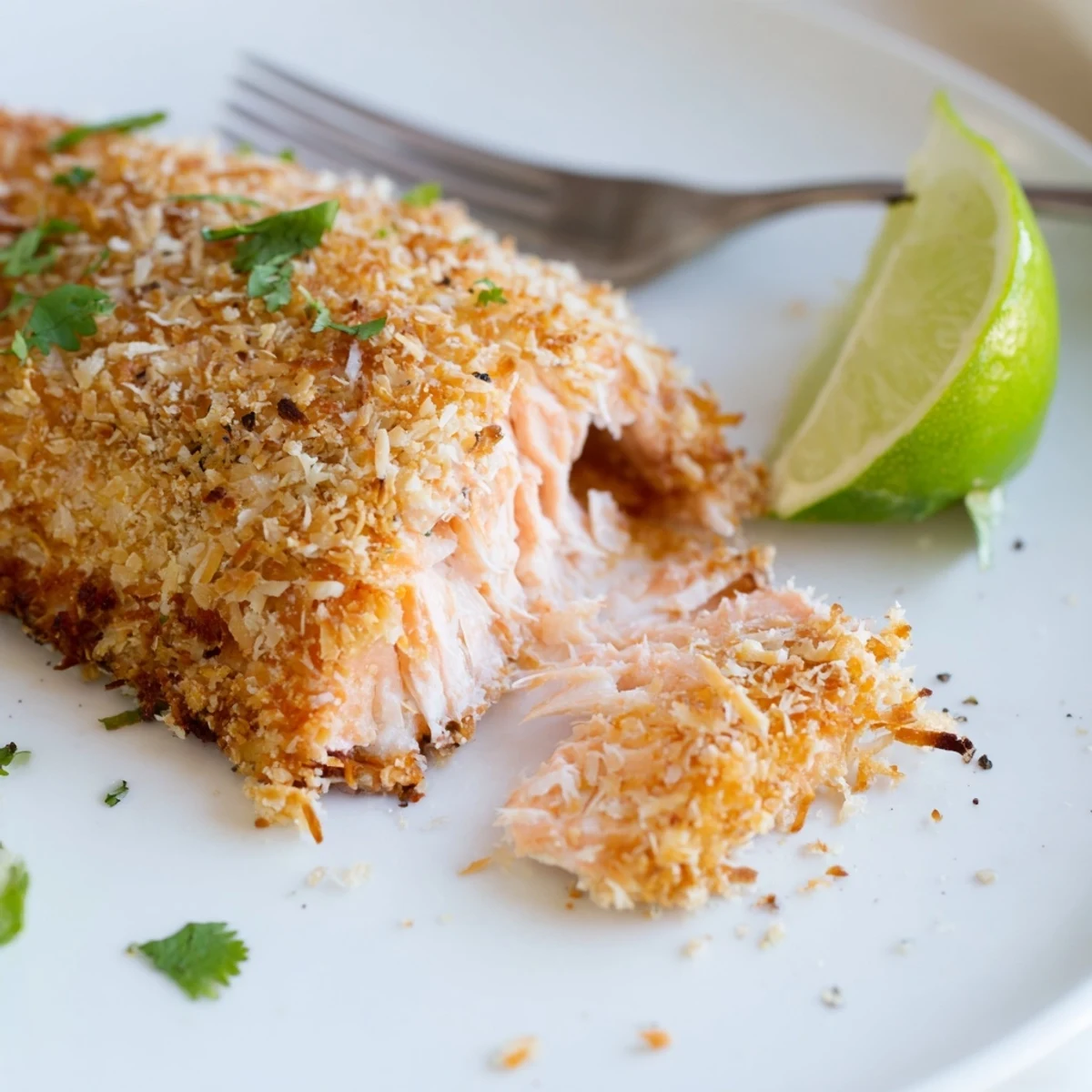 Savory Coconut Crusted Salmon sits on a plate, showcasing crunchy tropical textures and vibrant colors.  
