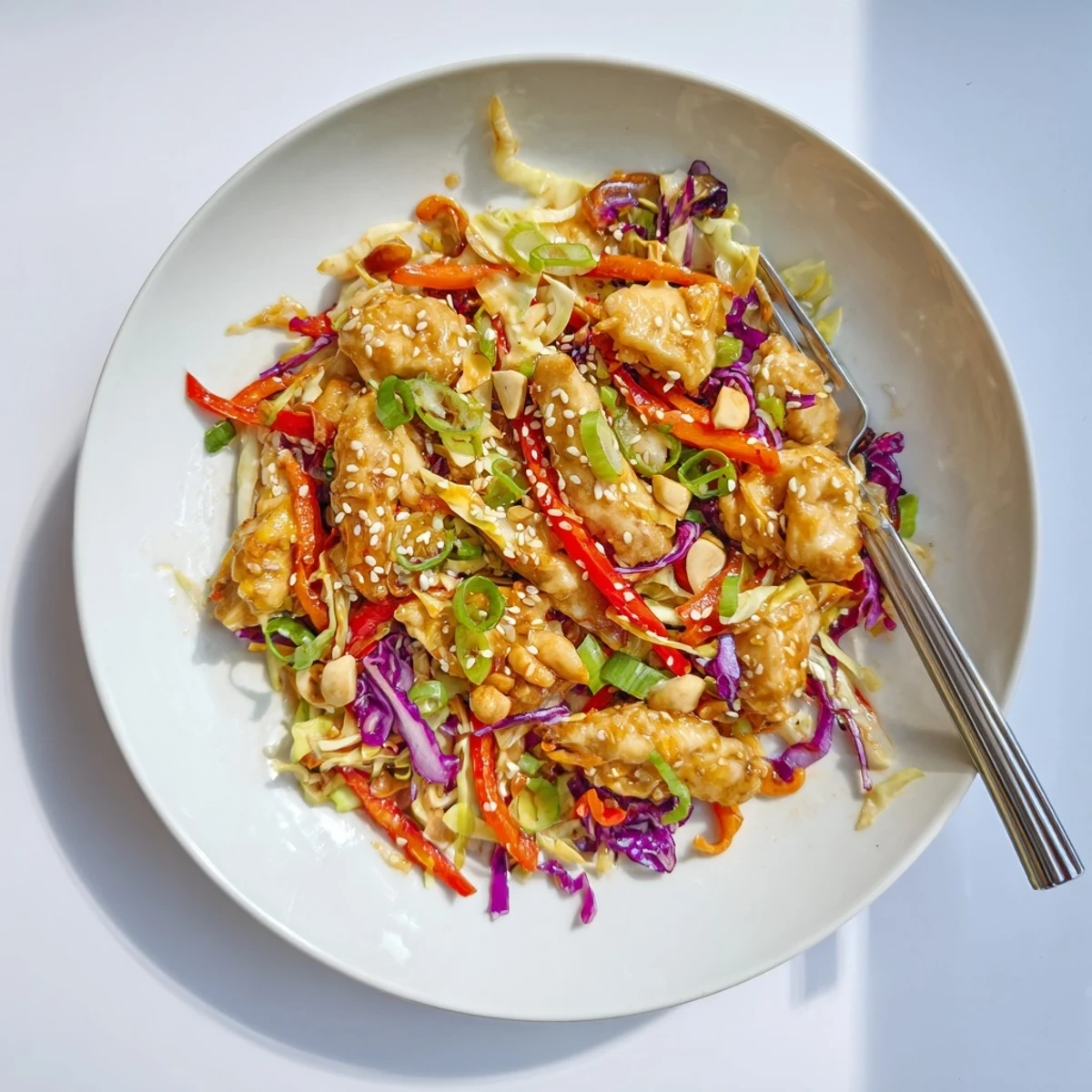 A colorful bowl of Sesame Chicken Cabbage Crunch Salad topped with fresh herbs.
