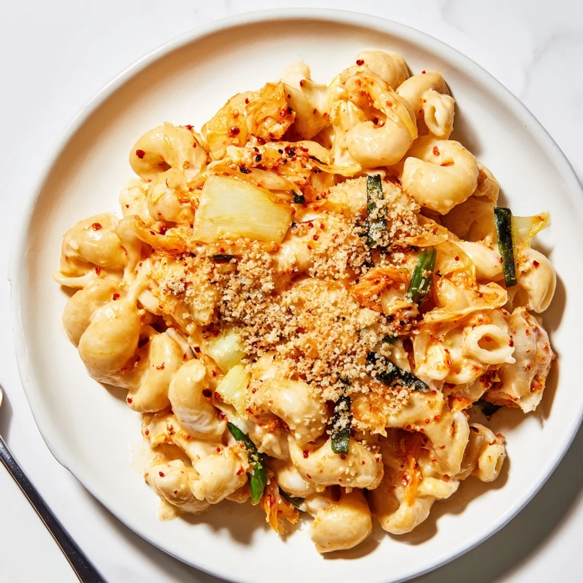 Baked spicy kimchi mac & cheese served golden-brown, perfect for a comforting dinner.