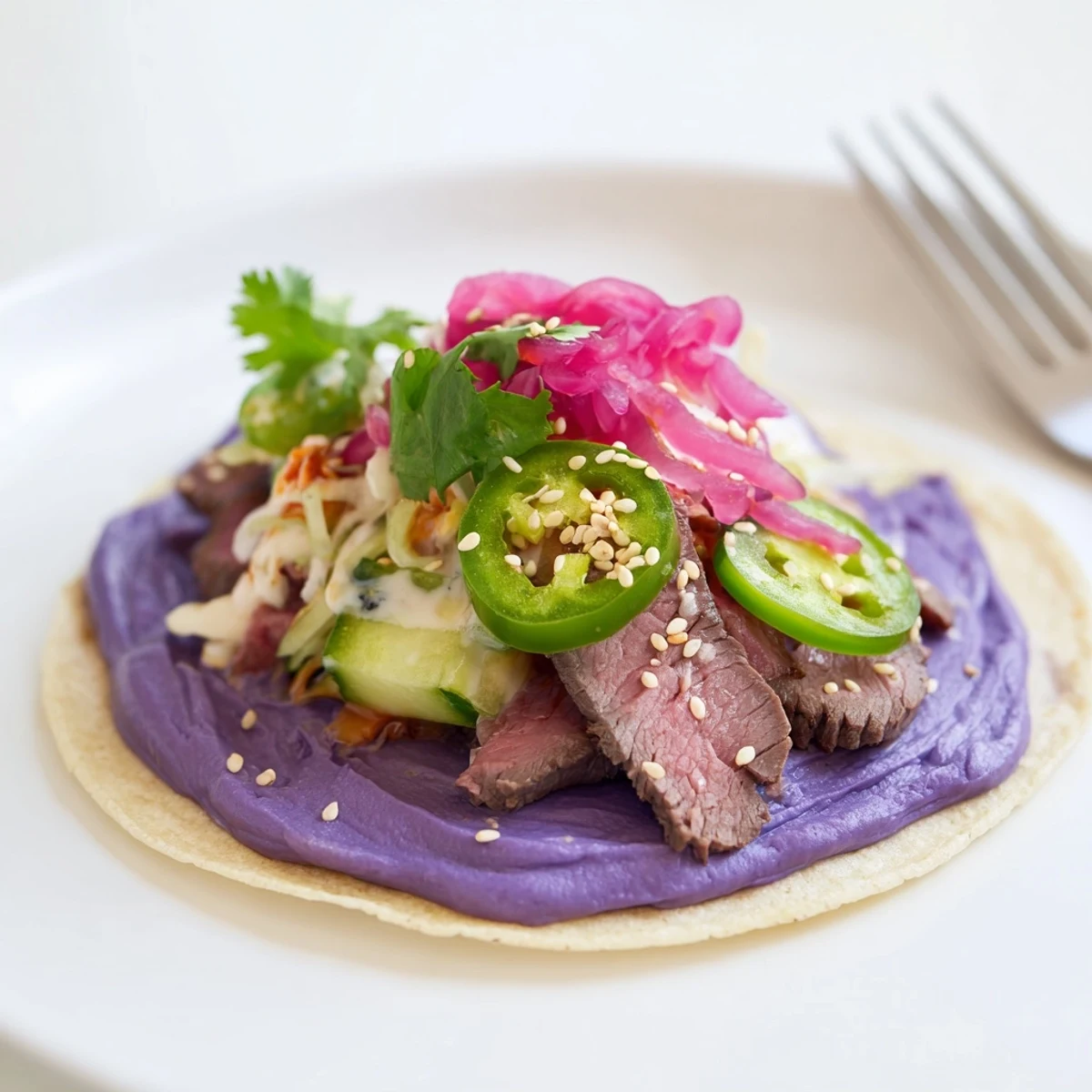 Savory Global Street-Food Fusion Tacos bursting with flavor and vibrant color from toppings.