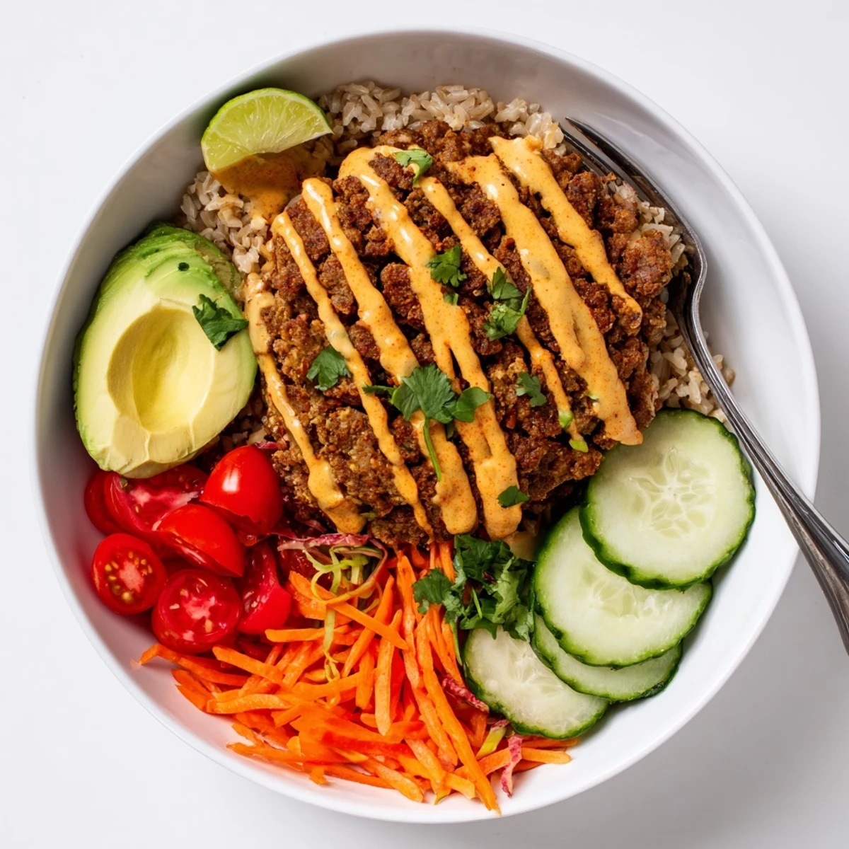 A colorful plant-based meat bowl with fresh veggies and zesty lime wedges.  