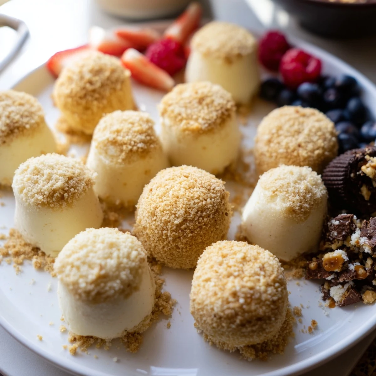 Interactive cheesecake bites topped with fresh berries and rich chocolate ganache.  
