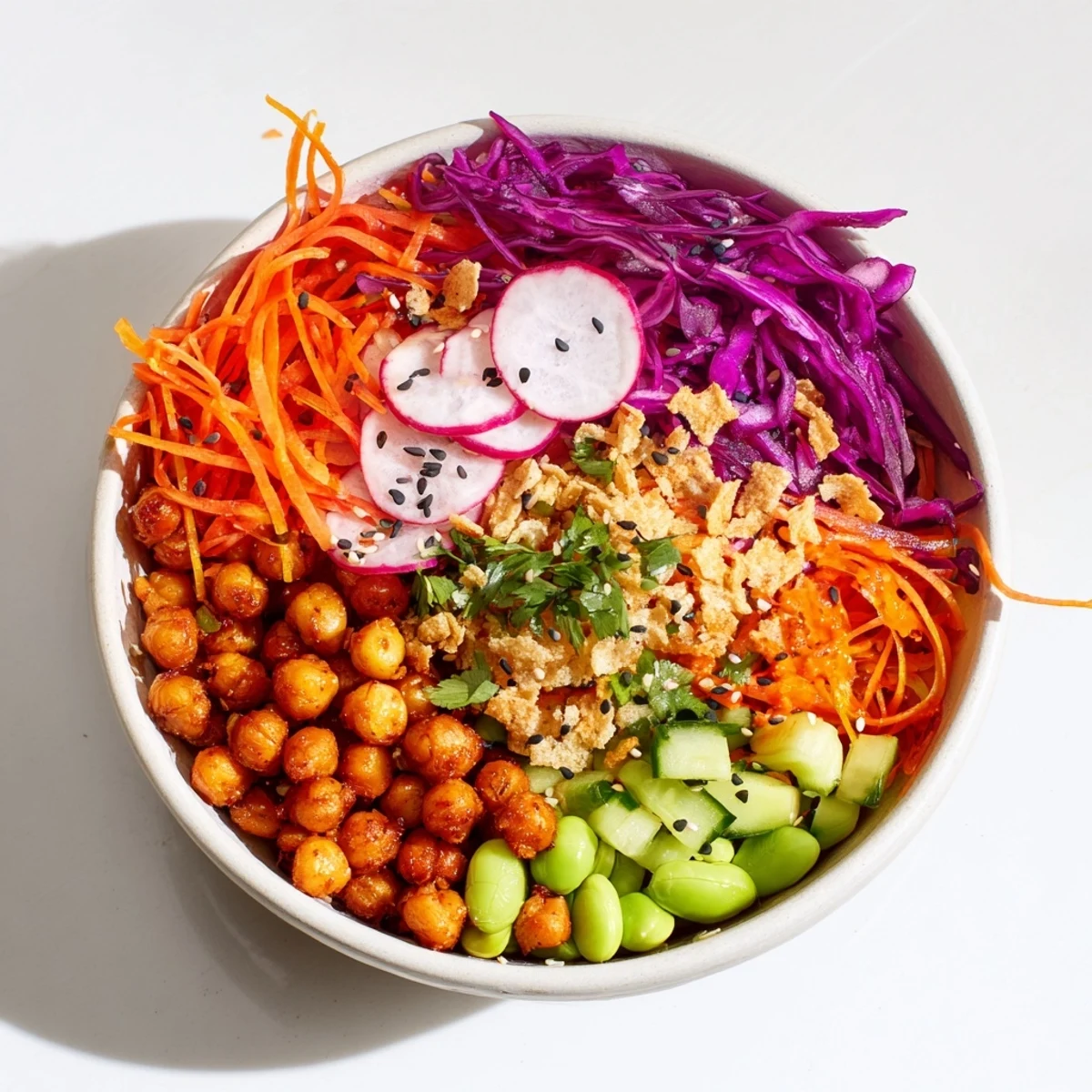 Vibrant ASMR Crunch Snack Bowls stacked high with colorful vegetables and crunchy toppings.  