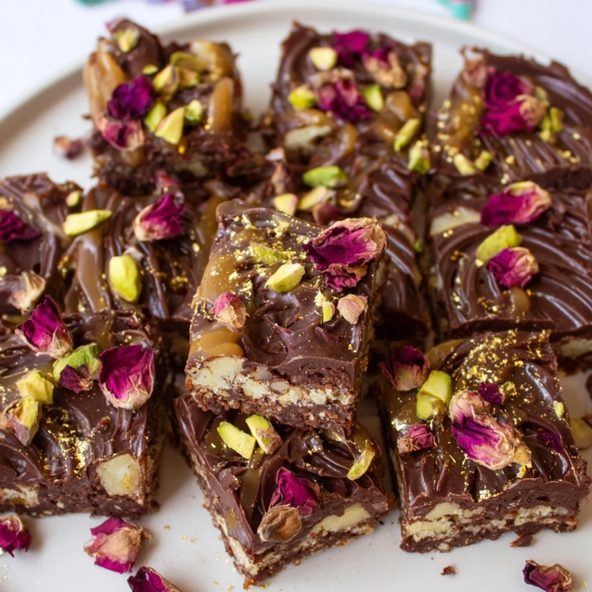 Rich layers of Chocolate Bar Inspired Creations with crunchy texture and edible gold accents.  