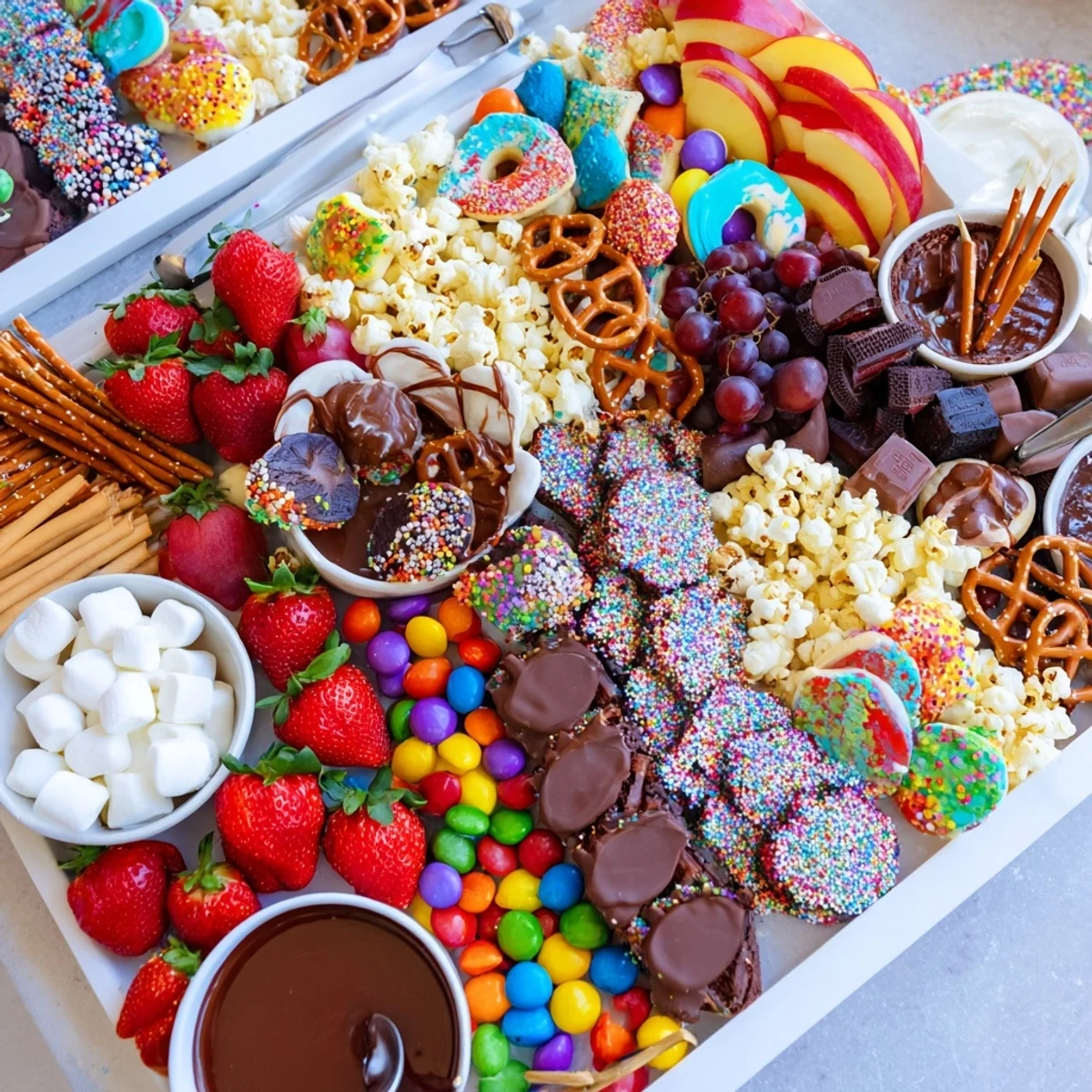 Colorful dessert boards featuring cookies, fruits, and chocolate for delightful gatherings.