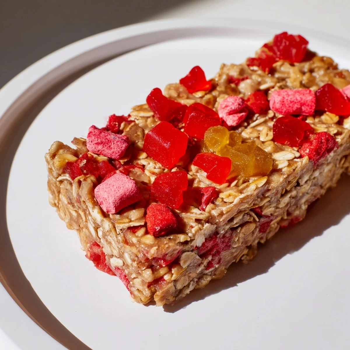 Playful DIY snack bars topped with colorful homemade gummies and freeze-dried fruit.  