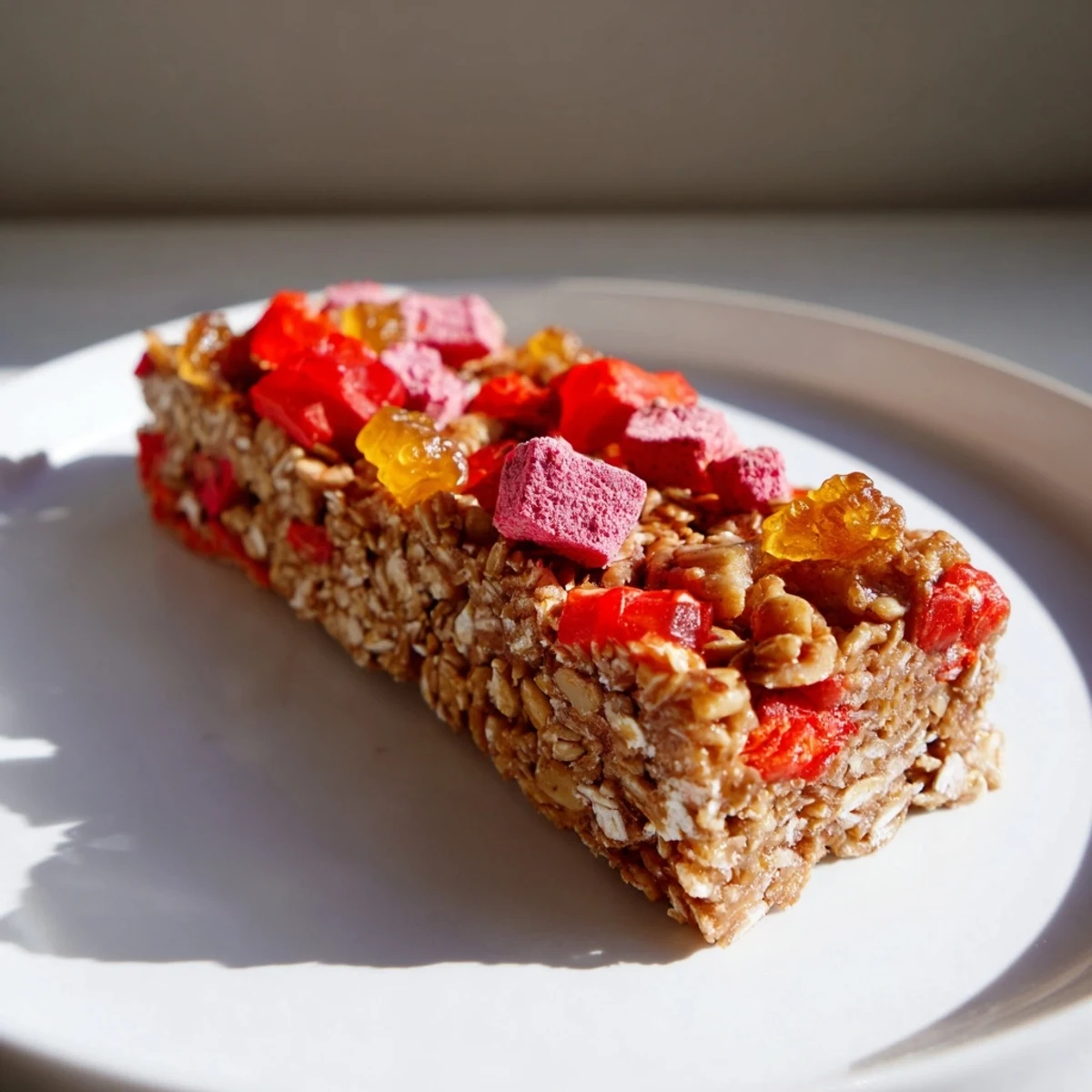 Delicious freeze-dried candy mash-up on layered oat snack bars with fruity gummies.
