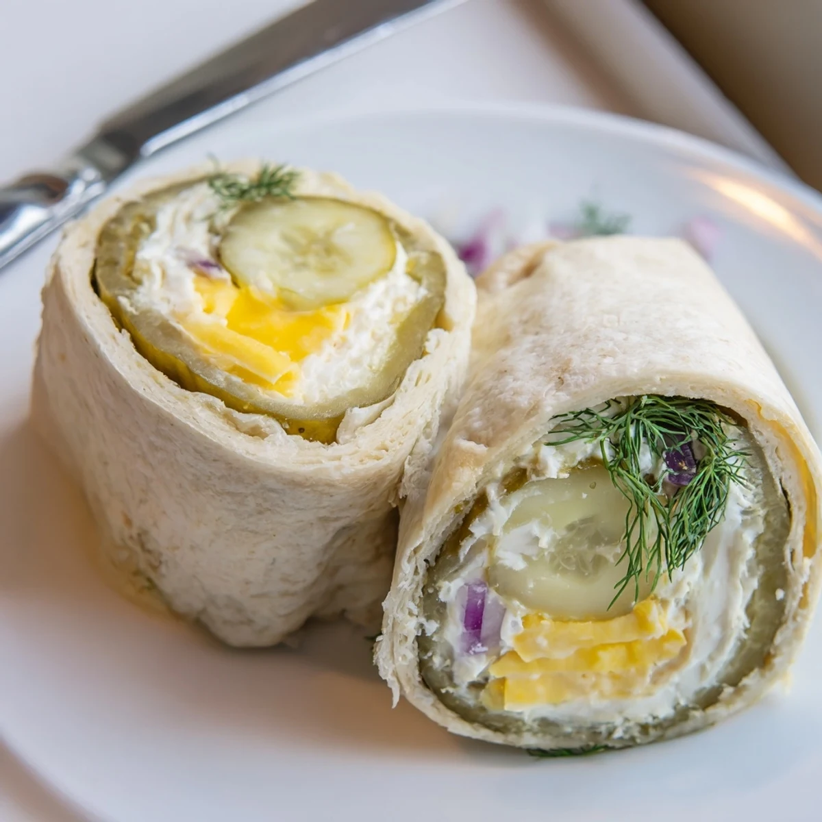 Crispy, creamy Pickle-in-a-Blanket rolls sliced for easy party snacking enjoyment.  