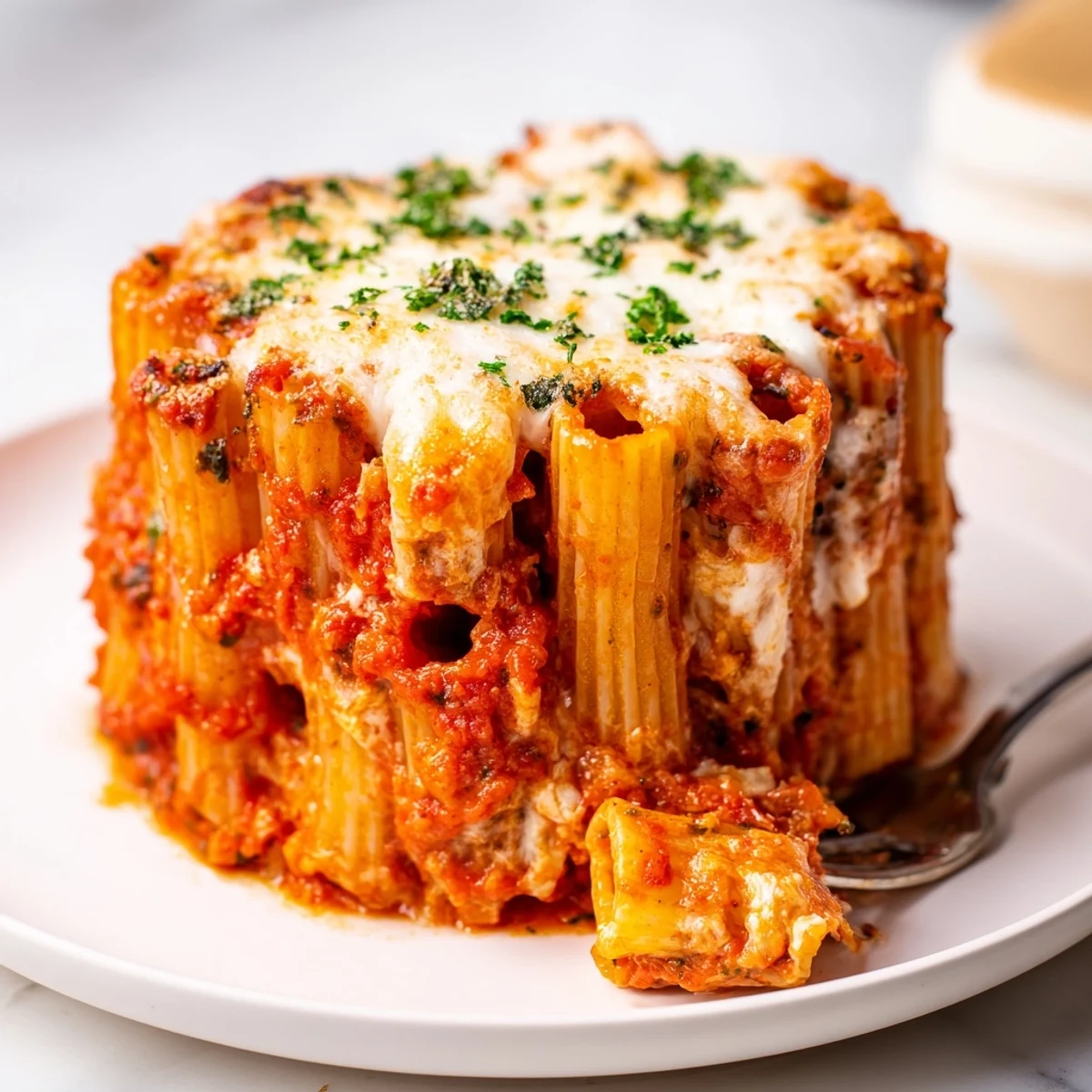 Delicious Honeycomb Pasta Cake filled with creamy ricotta and topped with melted mozzarella.  