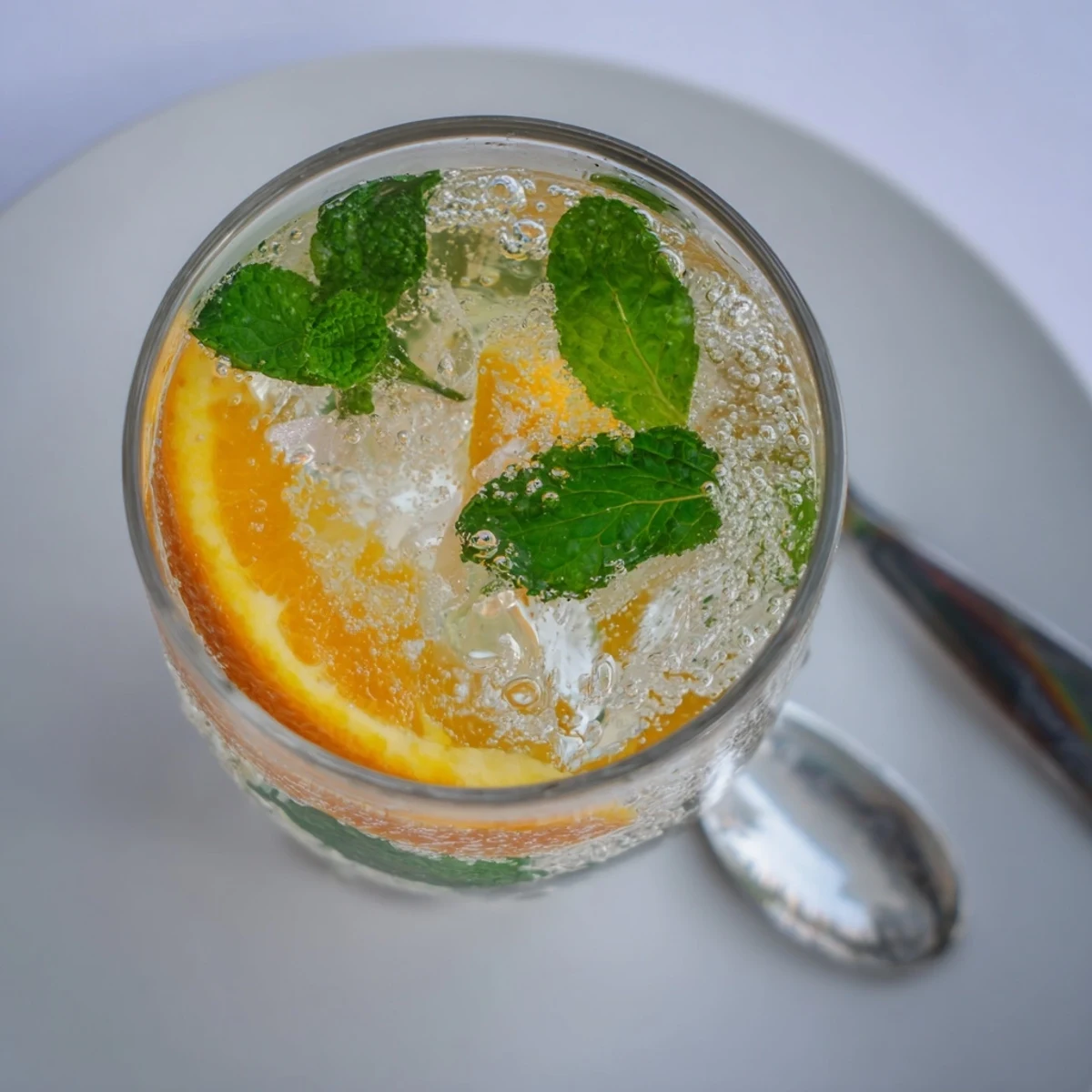 Refreshing Probiotic Soda Mocktail with citrus and mint, served over ice.  