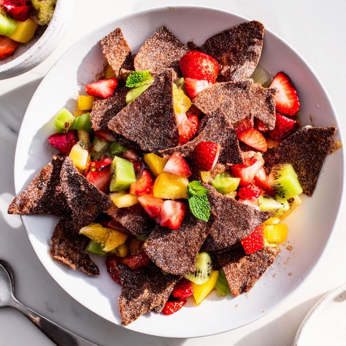 Delicious chocolate tortilla chips, perfectly paired with refreshing fruit salsa dip.