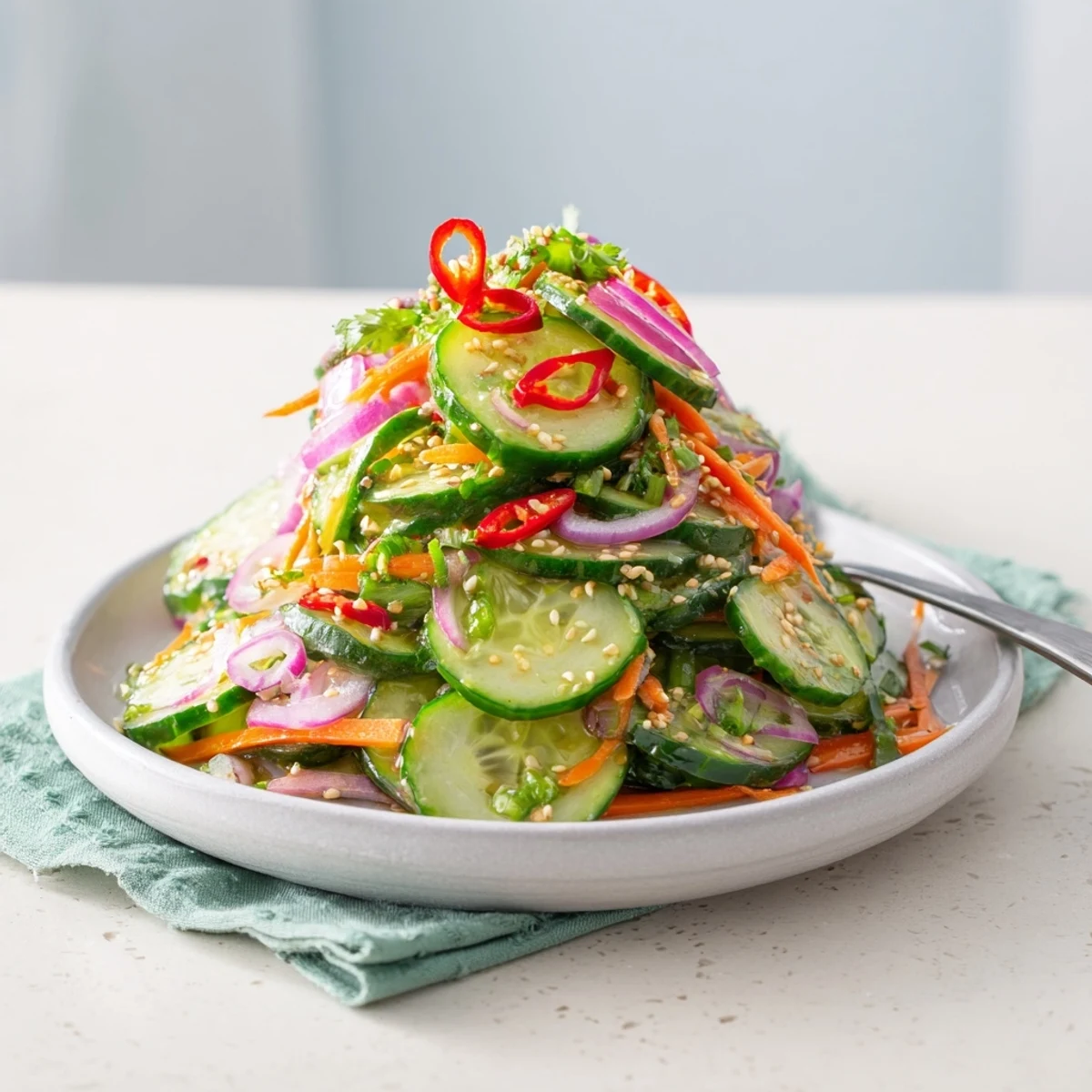 Vibrant cucumber salad remix bursting with savory flavors and crunchy vegetables.  
