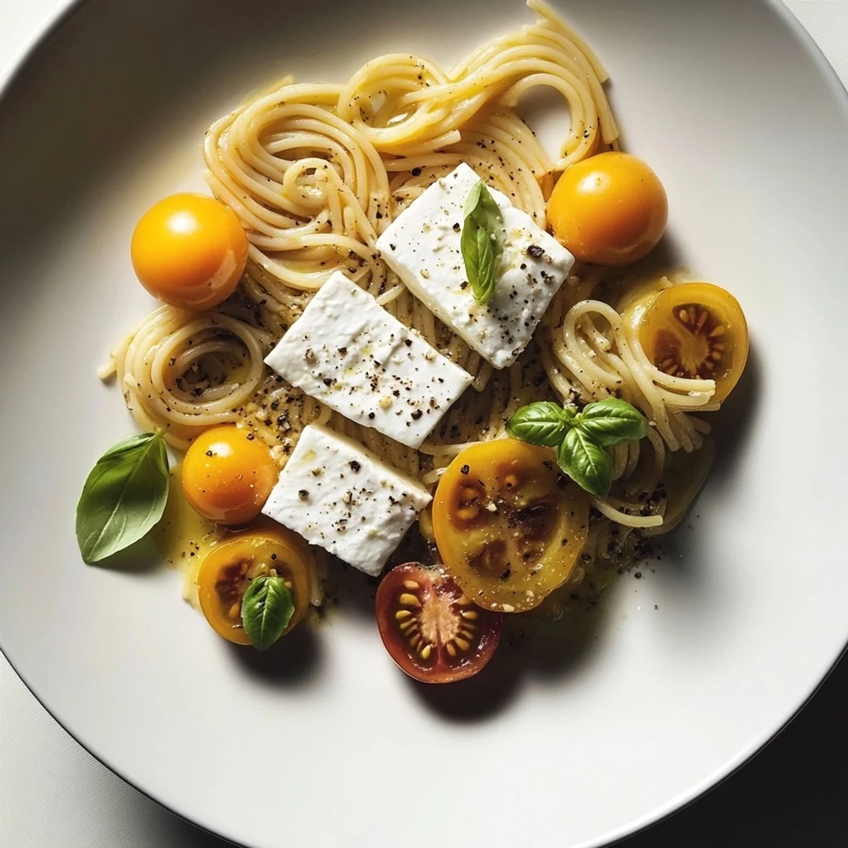 Creamy Baked Feta Pasta 2.0 topped with caramelized onions and rich sun-dried tomatoes.  