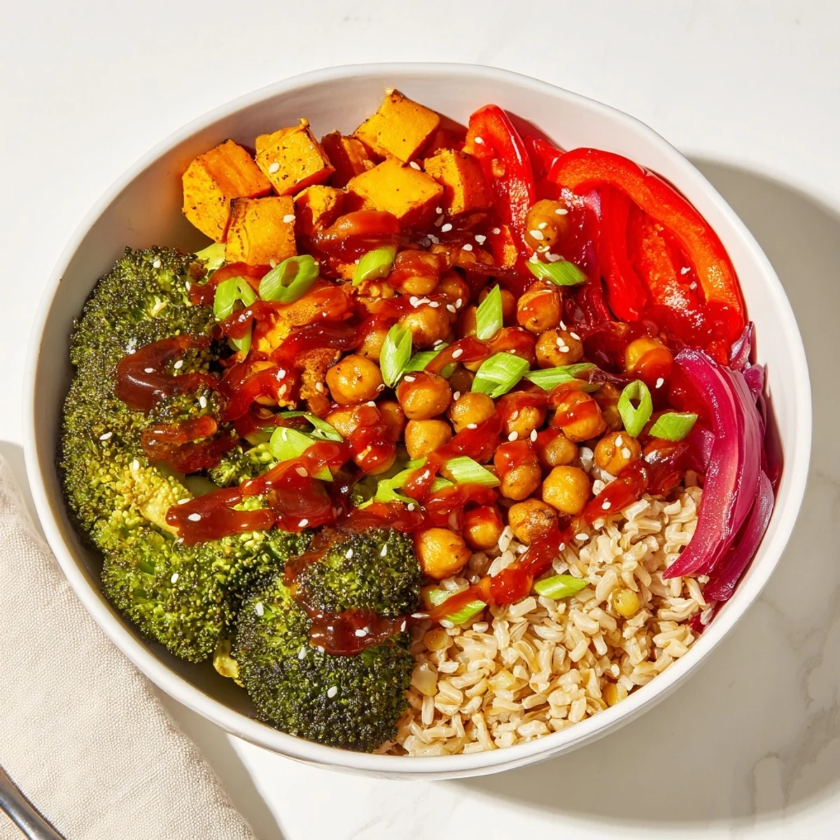 Vibrant Bold Sauce Drizzle Bowls topped with roasted veggies and zesty miso-butter sauce.  